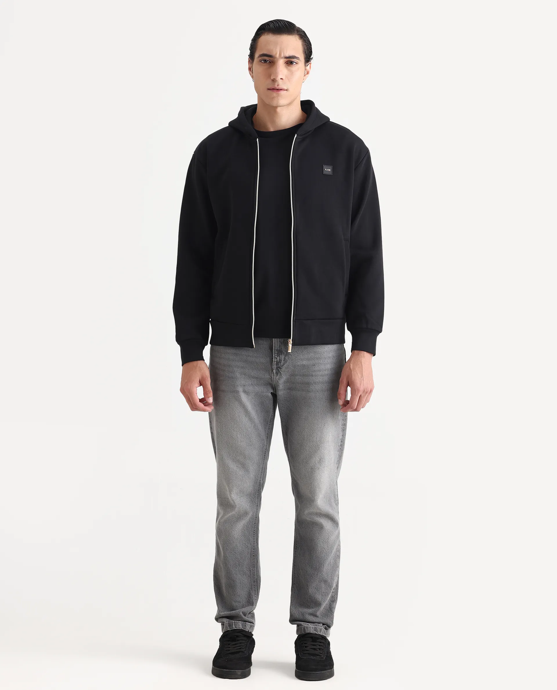 Rare Rabbit Men's Anderson-T25 Black Cotton Blend Plain Relaxed Fit Full Sleeve Hooded Sweatshirt - Image 2