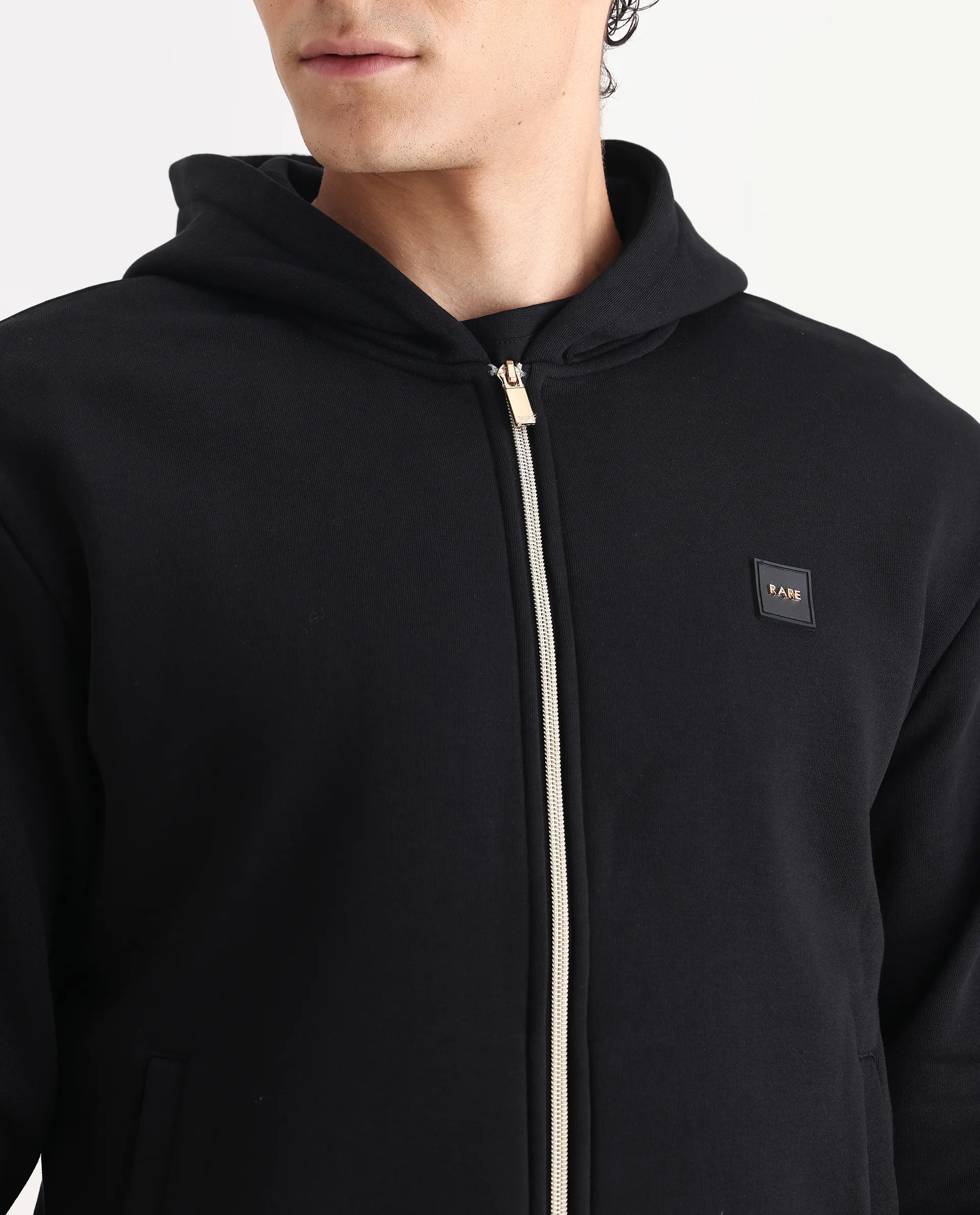 Rare Rabbit Men's Anderson-T25 Black Cotton Blend Plain Relaxed Fit Full Sleeve Hooded Sweatshirt - Image 3