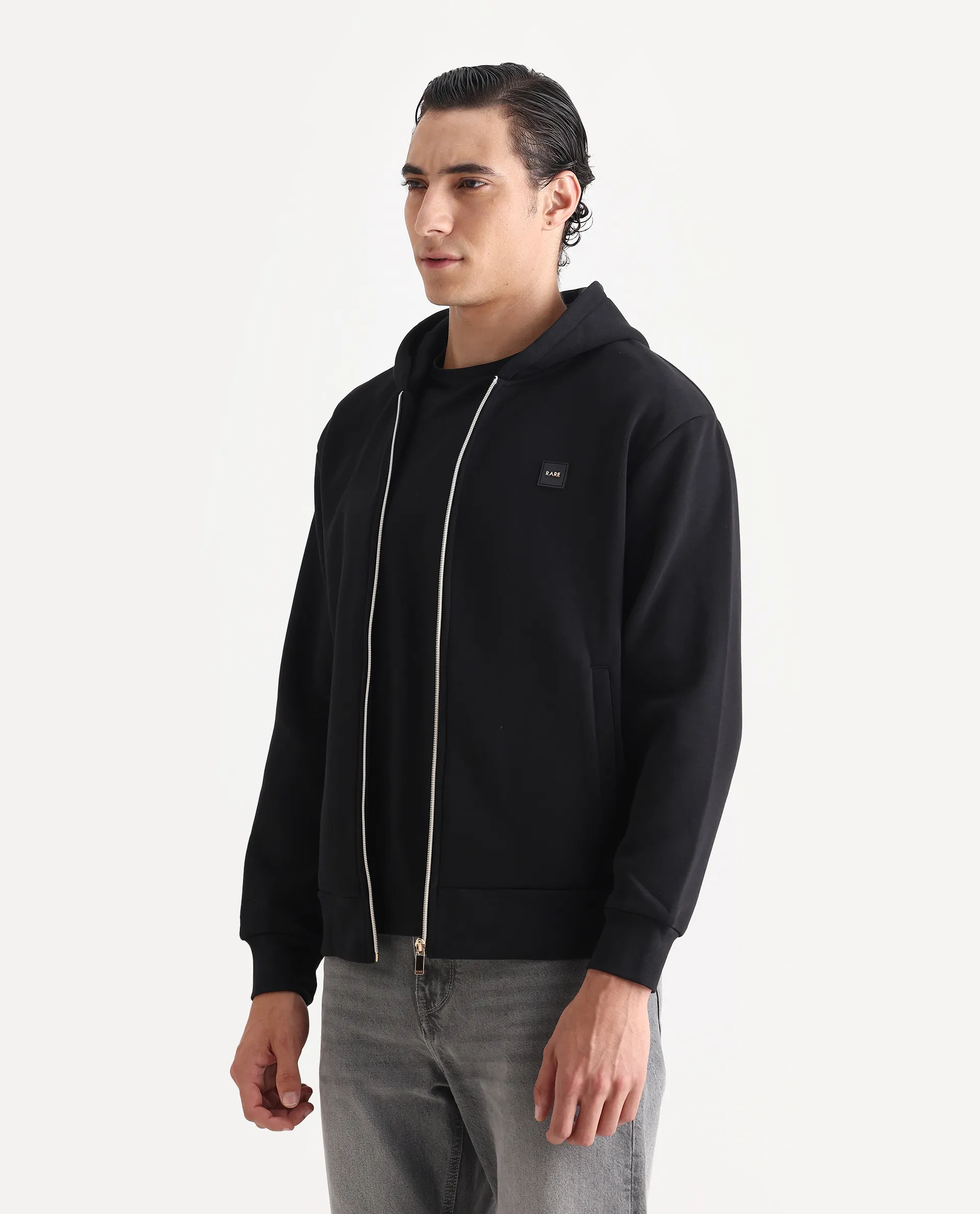 Rare Rabbit Men's Anderson-T25 Black Cotton Blend Plain Relaxed Fit Full Sleeve Hooded Sweatshirt - Image 4