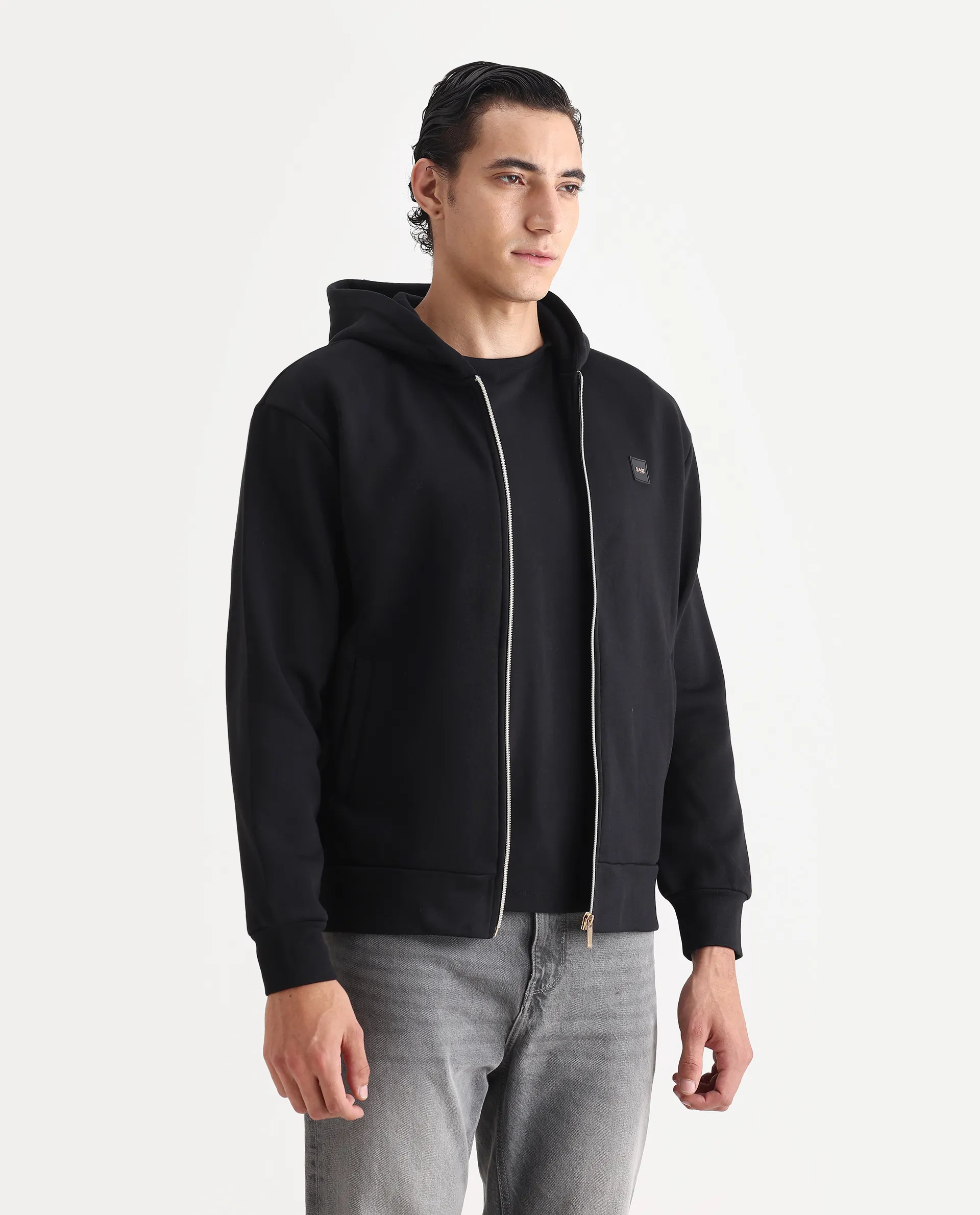 Rare Rabbit Men's Anderson-T25 Black Cotton Blend Plain Relaxed Fit Full Sleeve Hooded Sweatshirt - Image 5