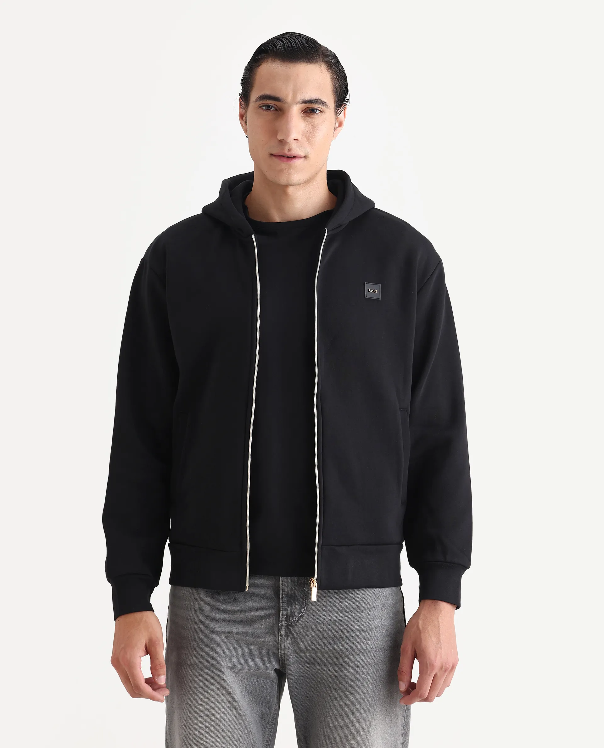 Rare Rabbit Men's Anderson-T25 Black Cotton Blend Plain Relaxed Fit Full Sleeve Hooded Sweatshirt - Image 6