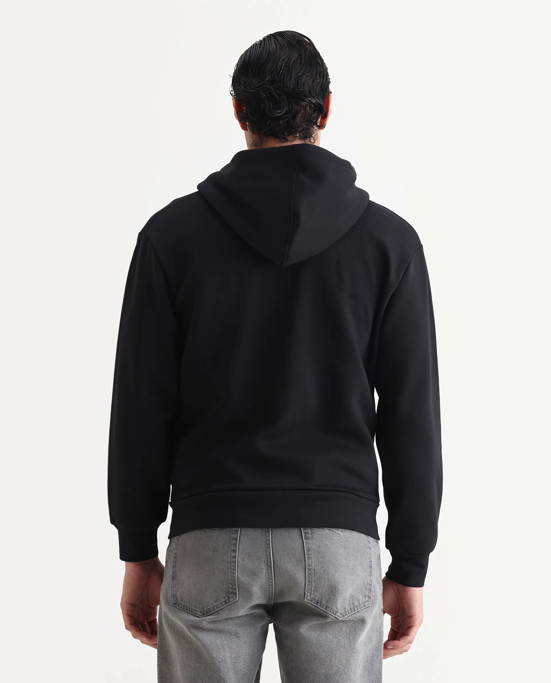 Rare Rabbit Men's Anderson-T25 Black Cotton Blend Plain Relaxed Fit Full Sleeve Hooded Sweatshirt - Image 7