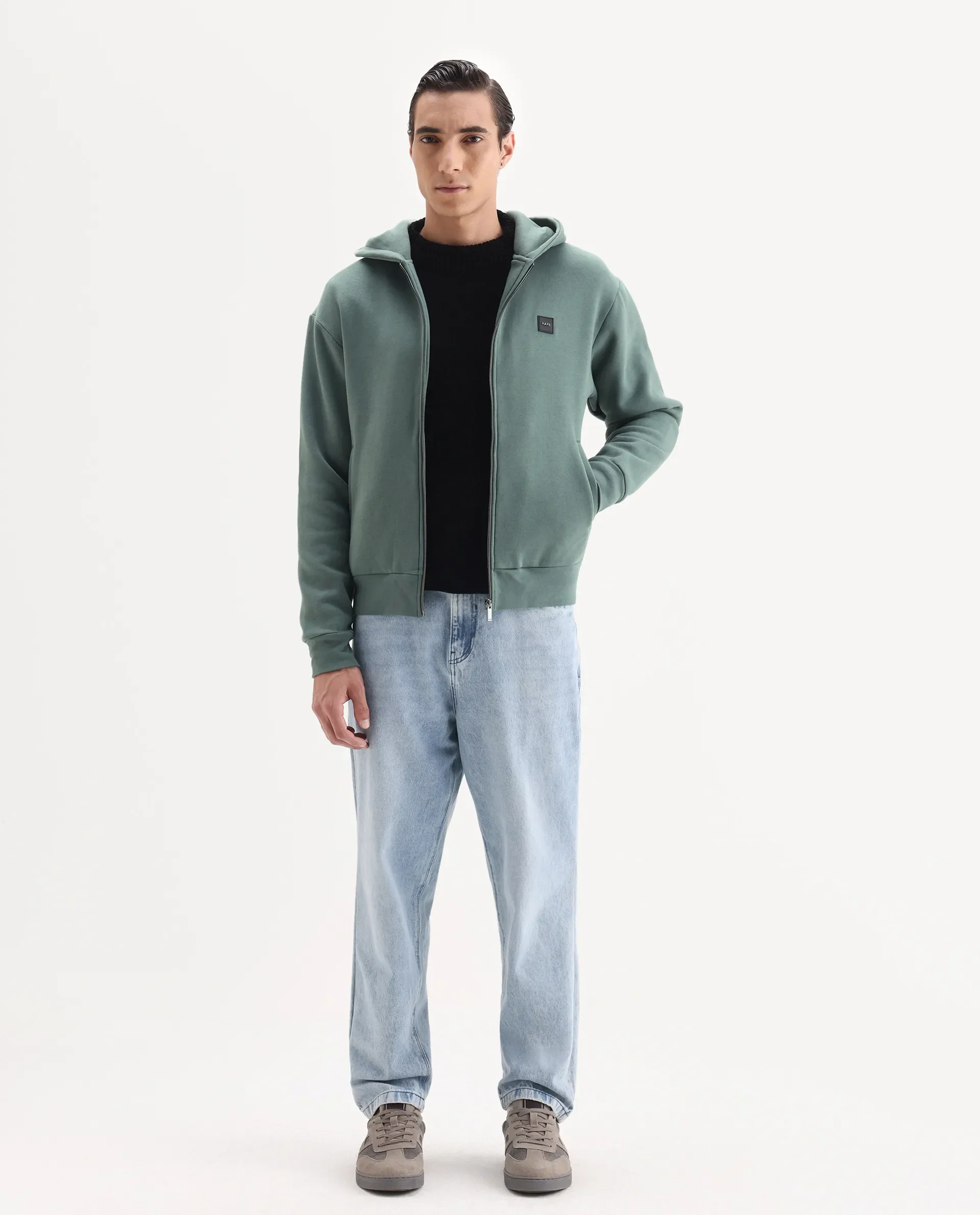 Rare Rabbit Men's Anderson-T25 Dusky Green Cotton Blend Plain Regular Fit Full Sleeve Hooded Sweatshirt - Image 2