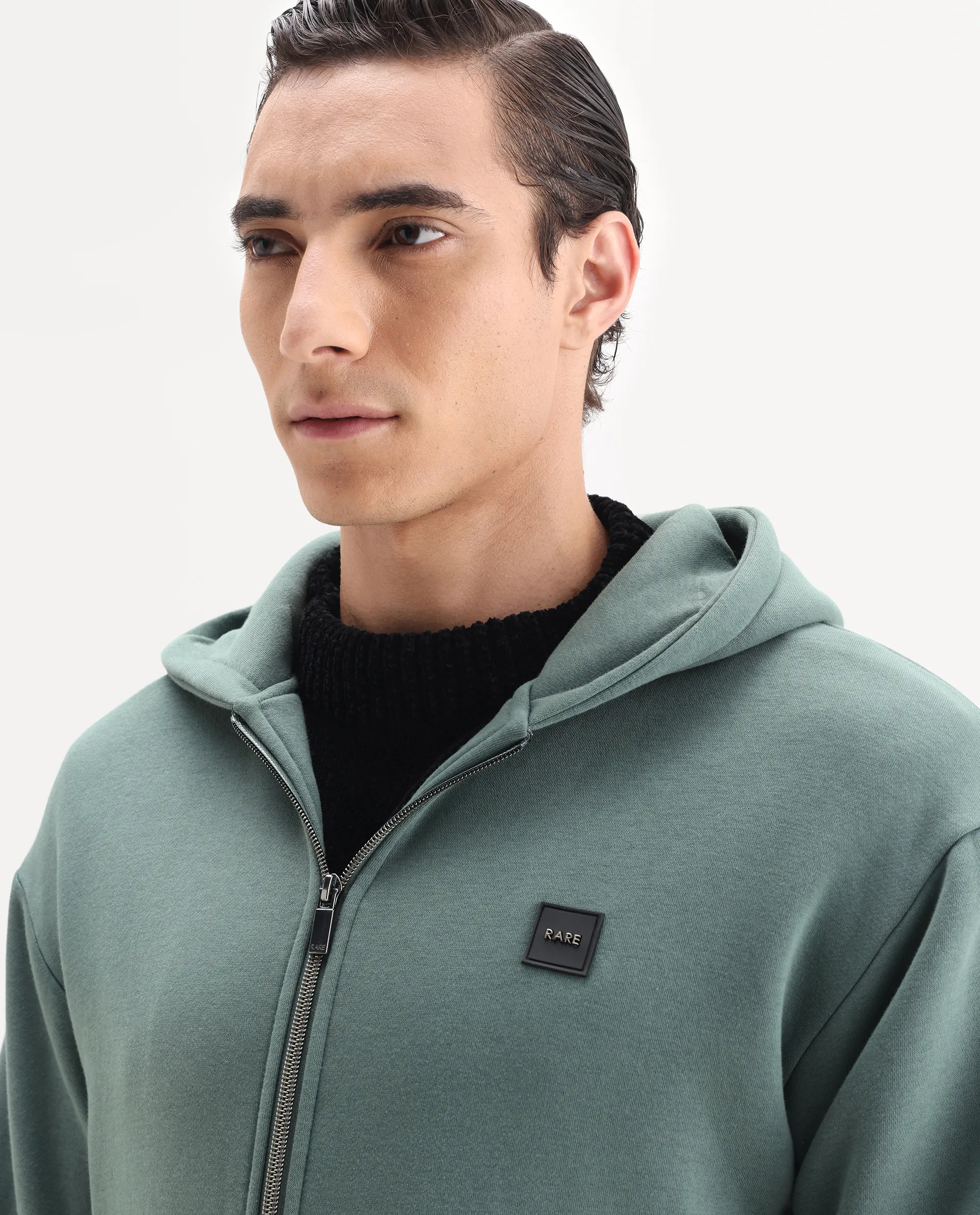 Rare Rabbit Men's Anderson-T25 Dusky Green Cotton Blend Plain Regular Fit Full Sleeve Hooded Sweatshirt - Image 3