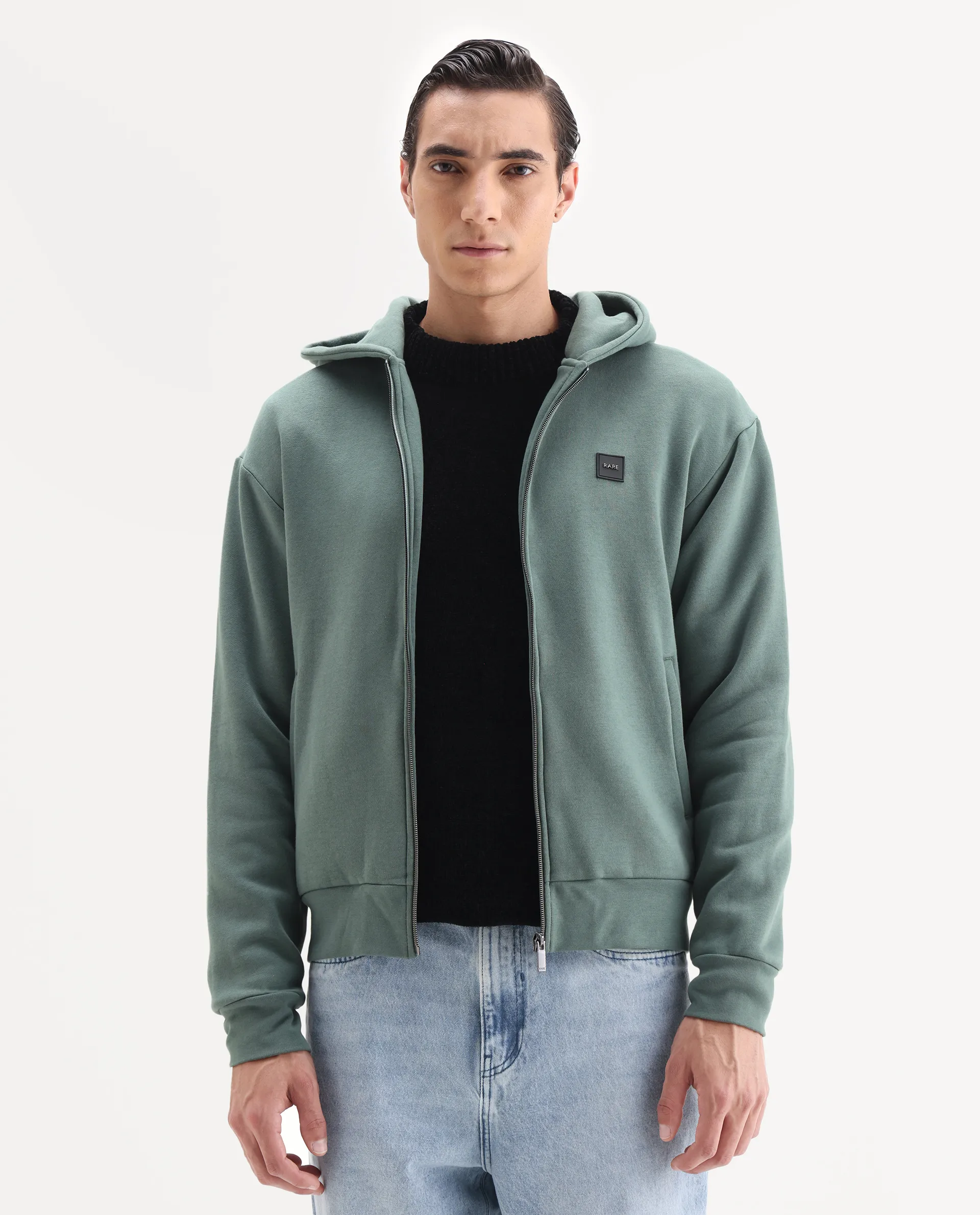 Rare Rabbit Men's Anderson-T25 Dusky Green Cotton Blend Plain Regular Fit Full Sleeve Hooded Sweatshirt - Image 4