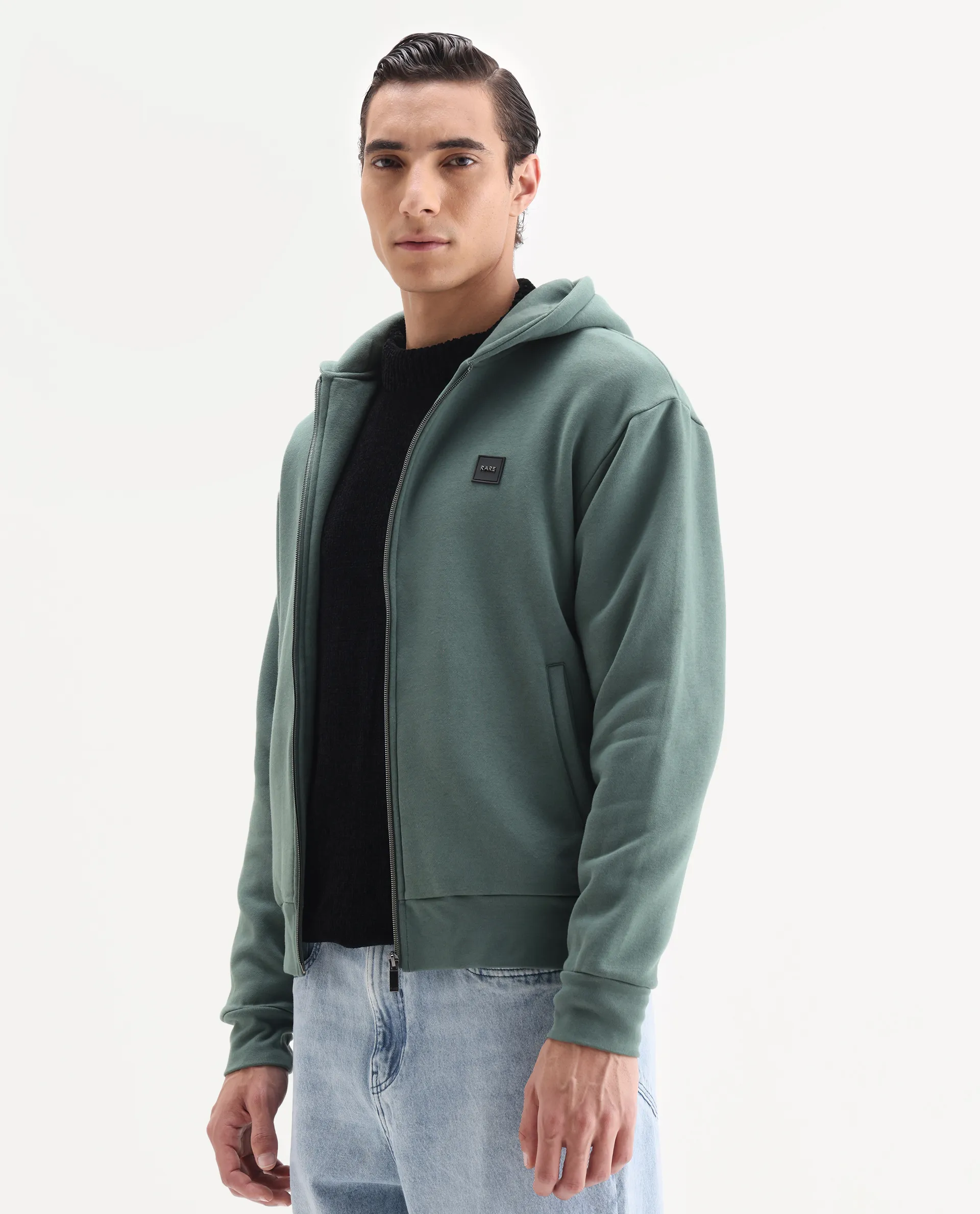 Rare Rabbit Men's Anderson-T25 Dusky Green Cotton Blend Plain Regular Fit Full Sleeve Hooded Sweatshirt - Image 5