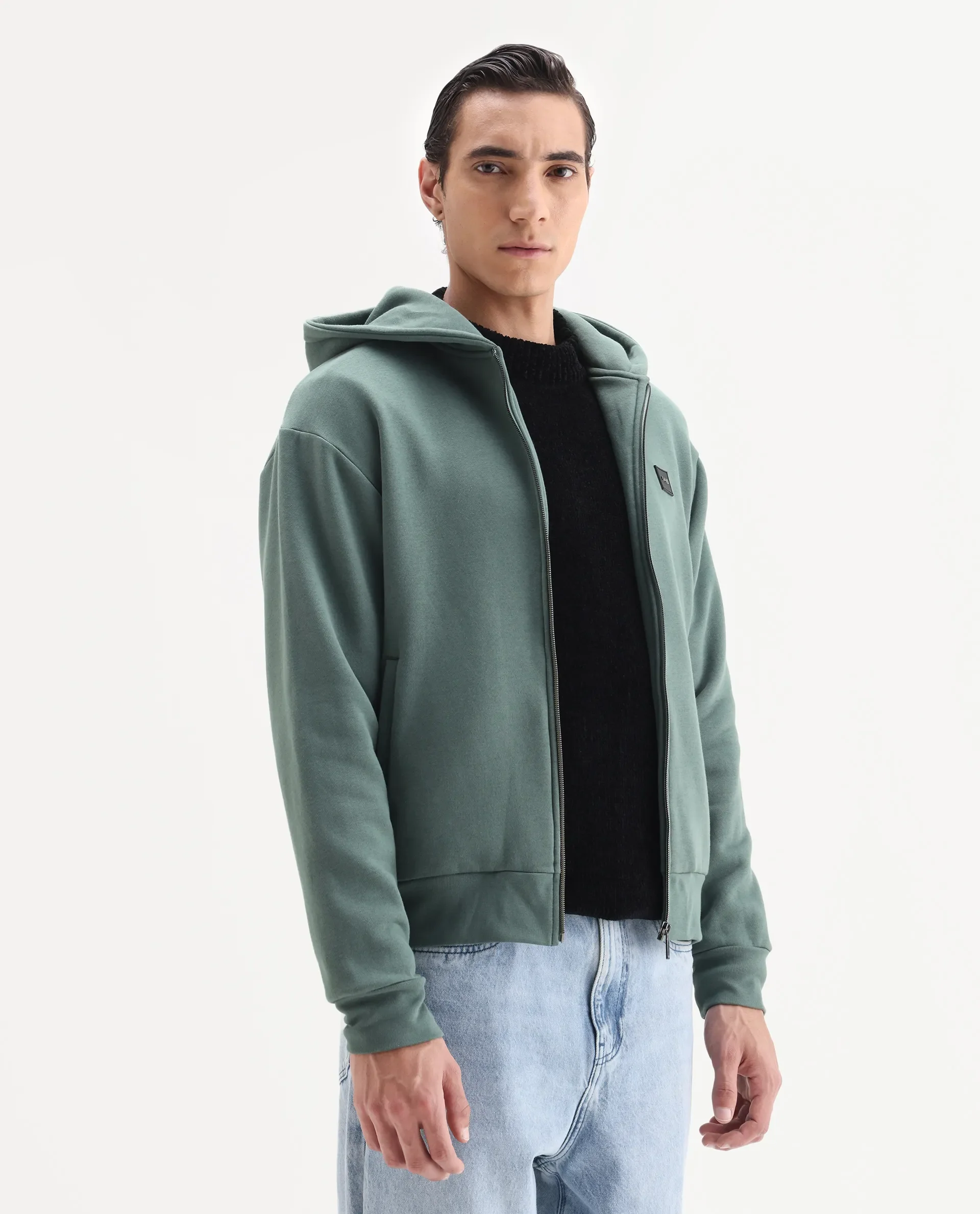 Rare Rabbit Men's Anderson-T25 Dusky Green Cotton Blend Plain Regular Fit Full Sleeve Hooded Sweatshirt - Image 6