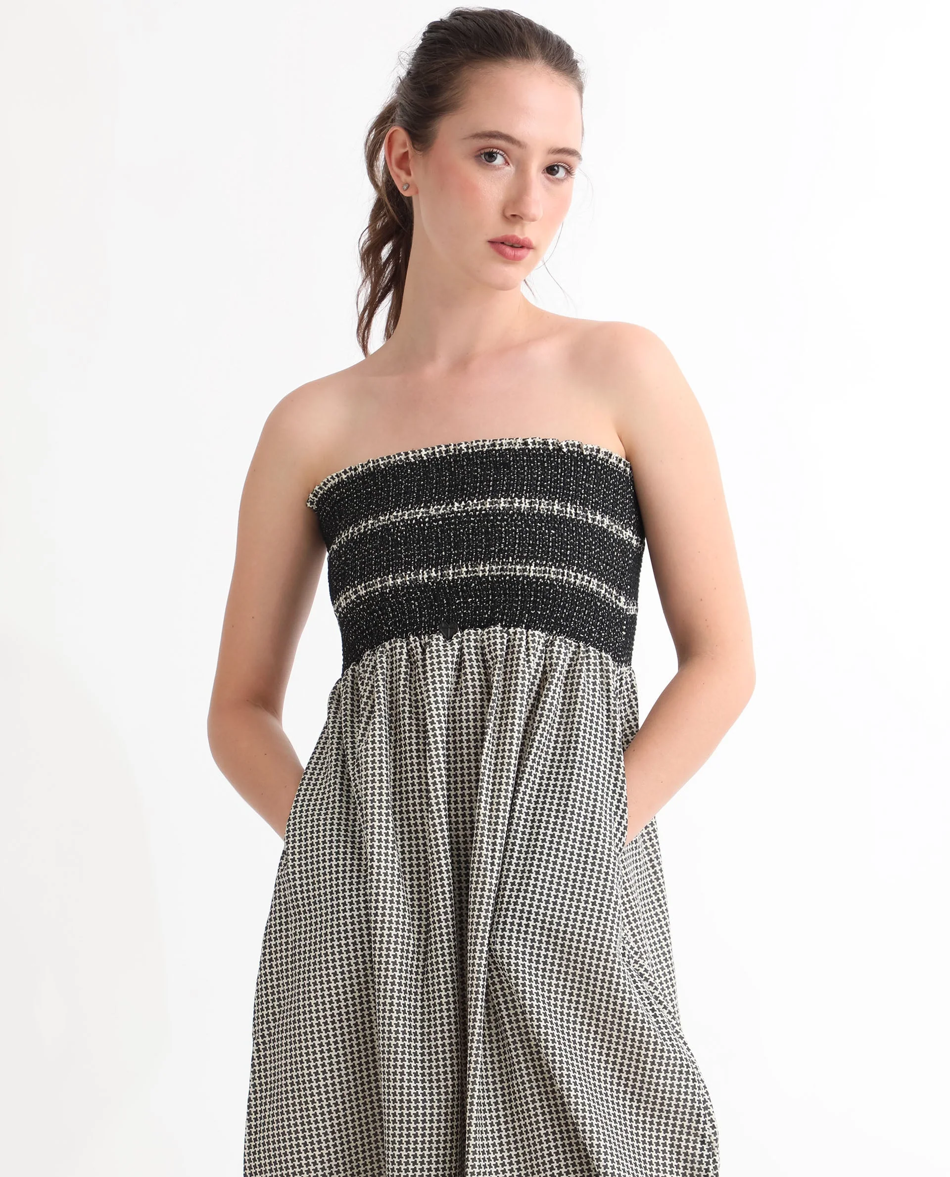 Rareism Women's Anderson Beige Cotton Tube Neck Geometric Print Sleeveless Midi Relaxed Fit Dress - Image 2