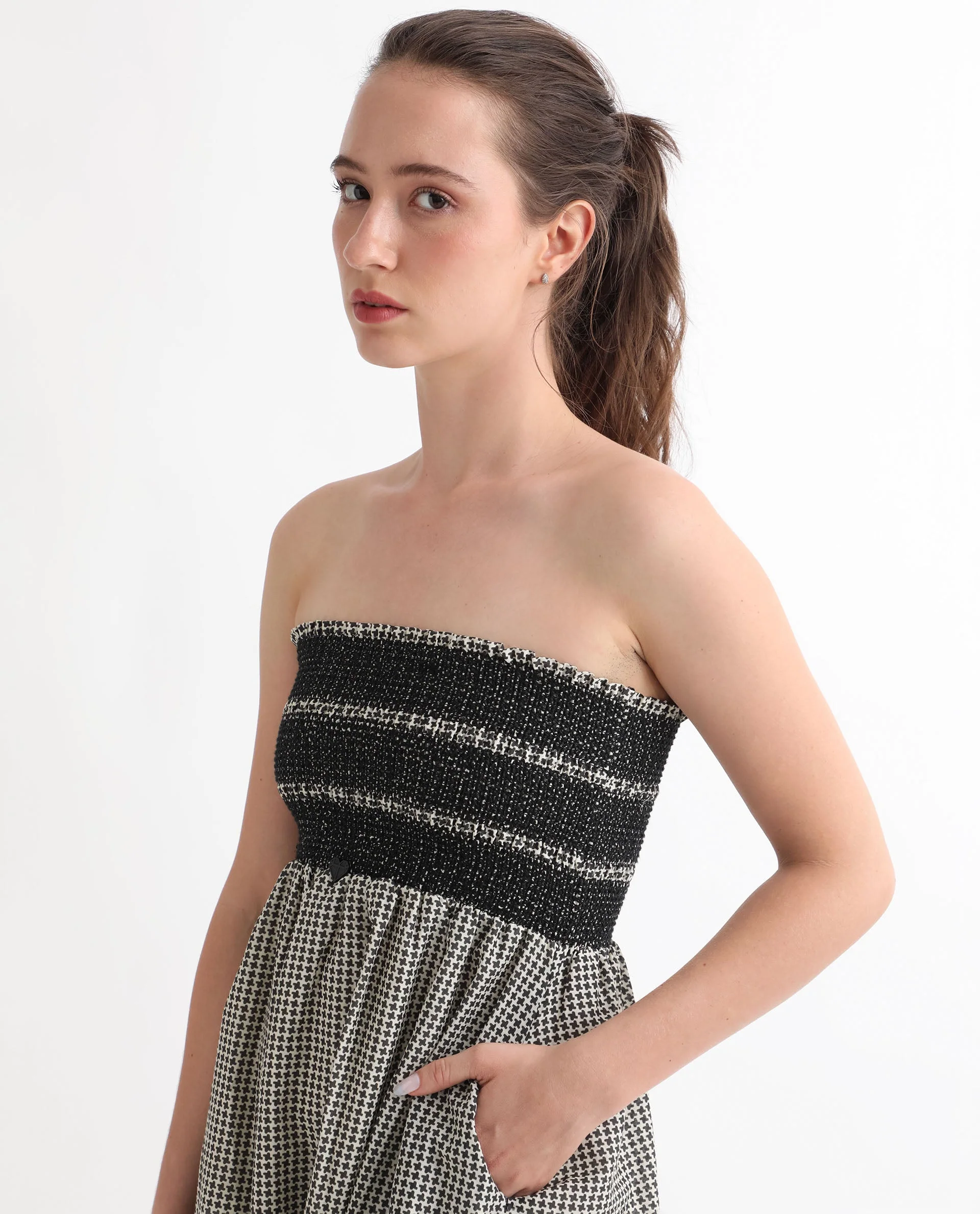 Rareism Women's Anderson Beige Cotton Tube Neck Geometric Print Sleeveless Midi Relaxed Fit Dress - Image 3