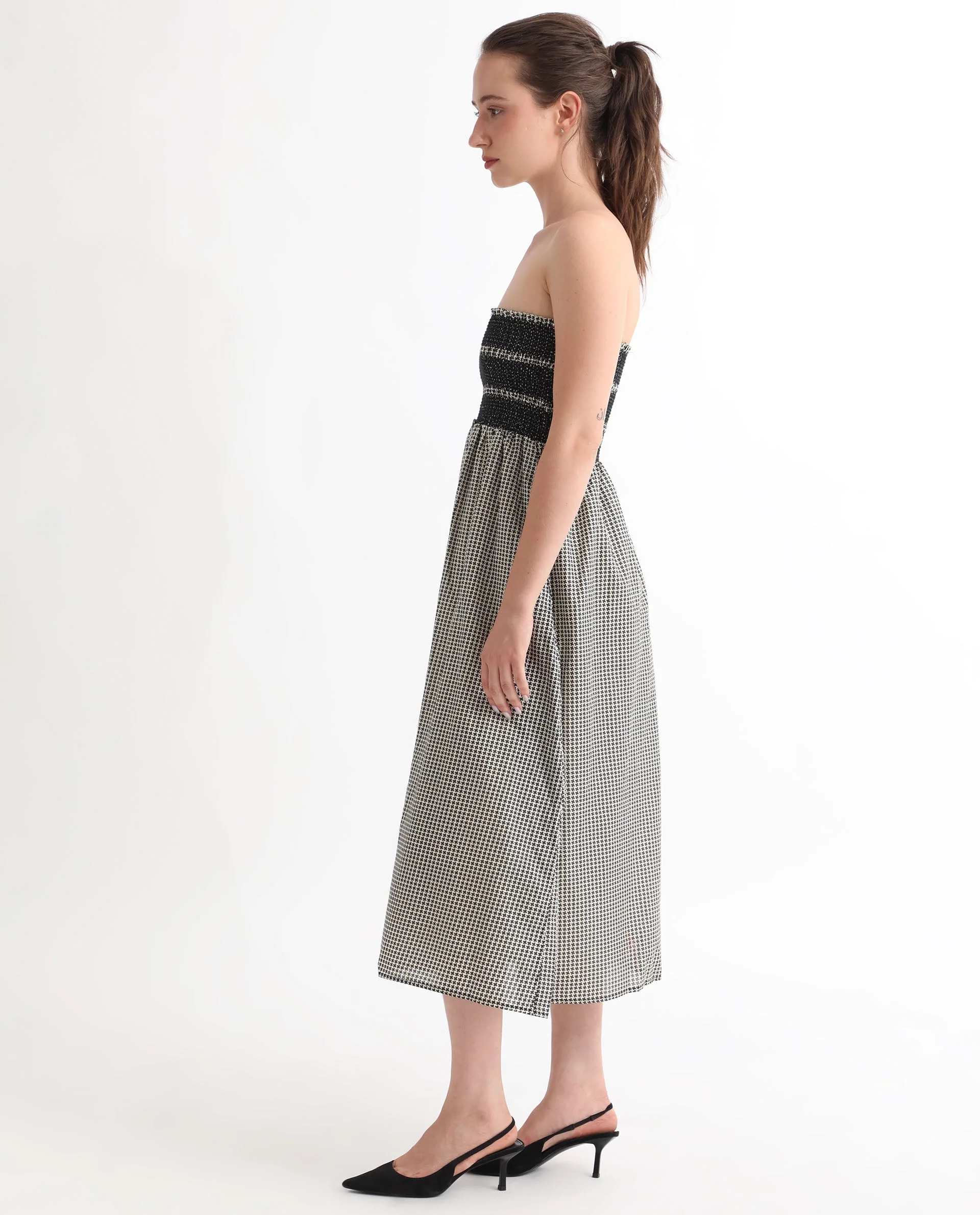 Rareism Women's Anderson Beige Cotton Tube Neck Geometric Print Sleeveless Midi Relaxed Fit Dress - Image 5