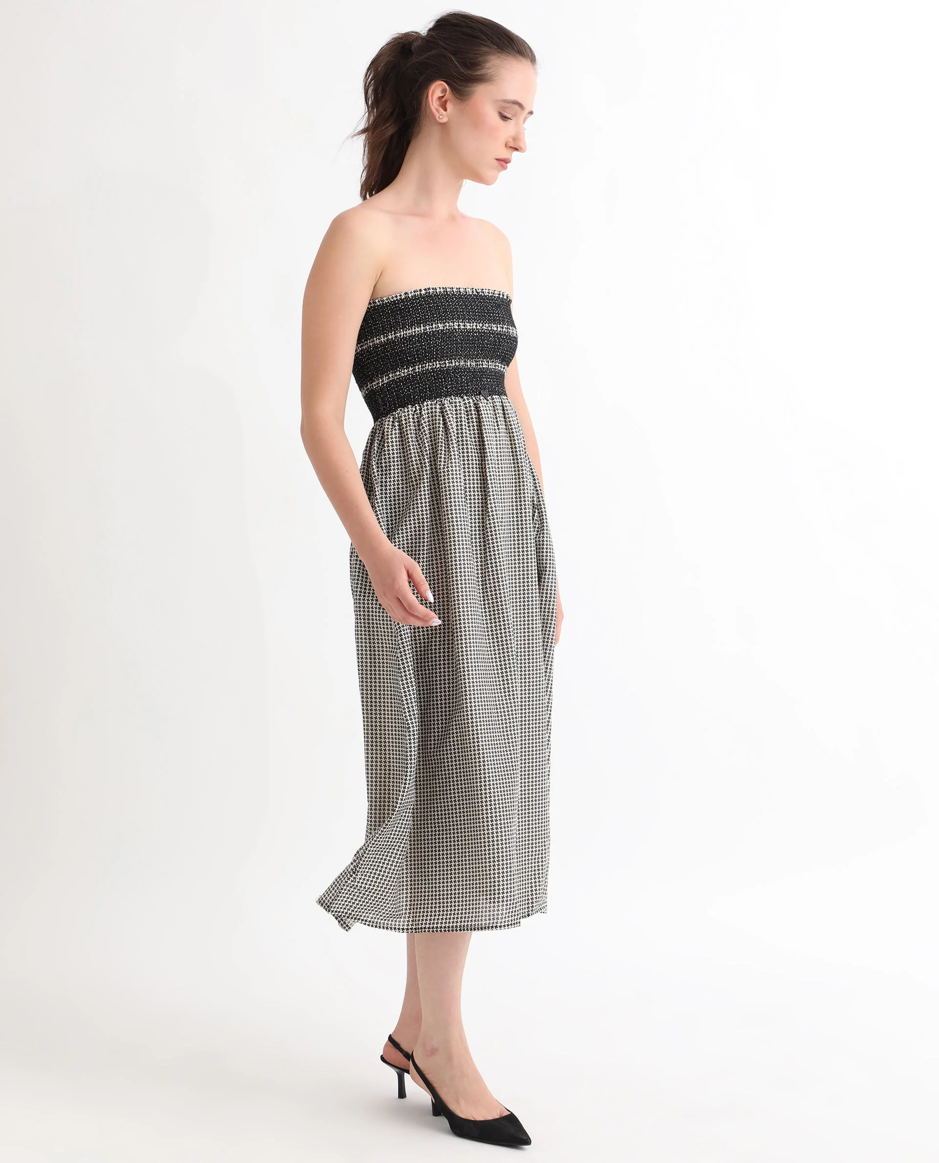 Rareism Women's Anderson Beige Cotton Tube Neck Geometric Print Sleeveless Midi Relaxed Fit Dress - Image 6