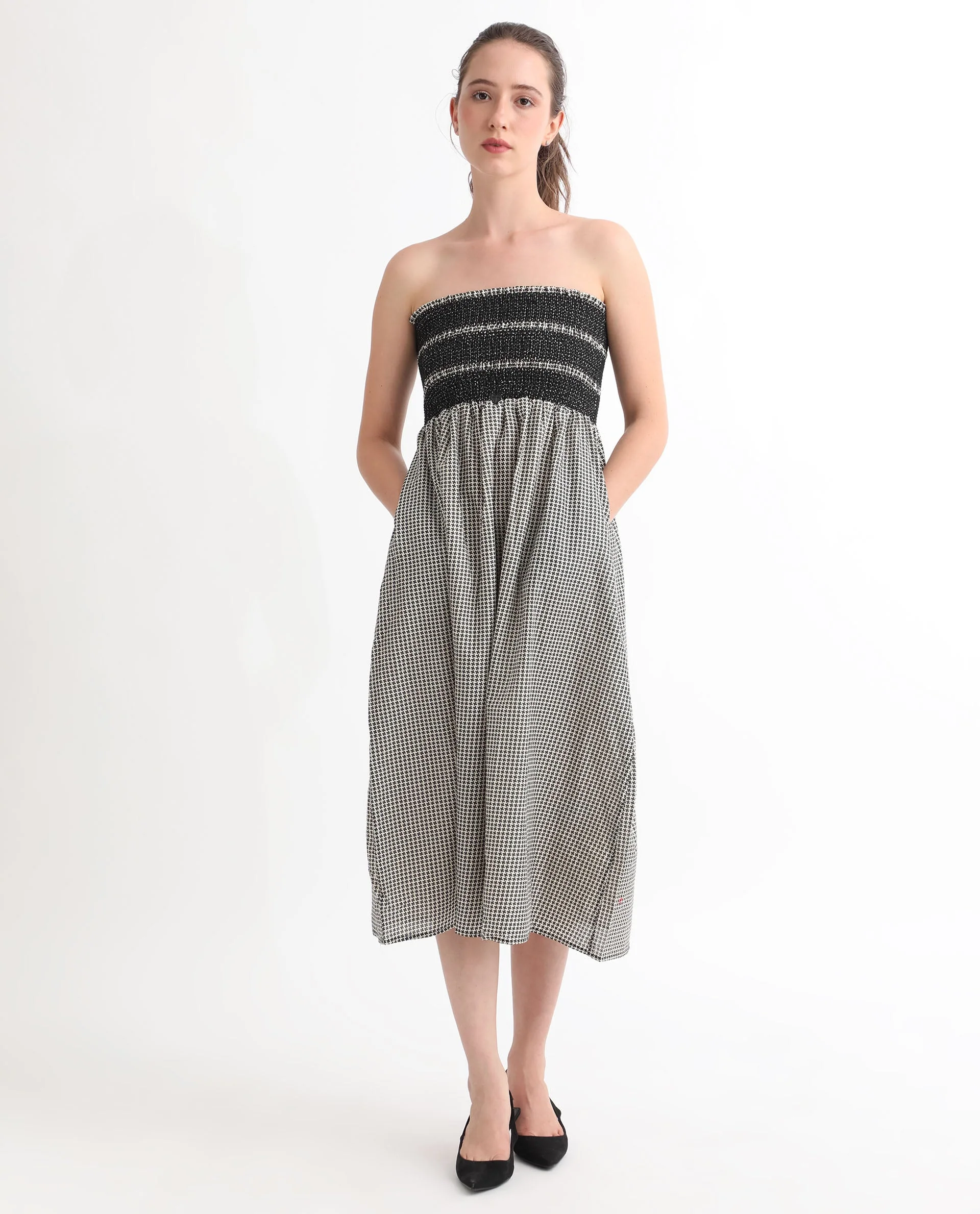 Rareism Women's Anderson Beige Cotton Tube Neck Geometric Print Sleeveless Midi Relaxed Fit Dress - Image 8