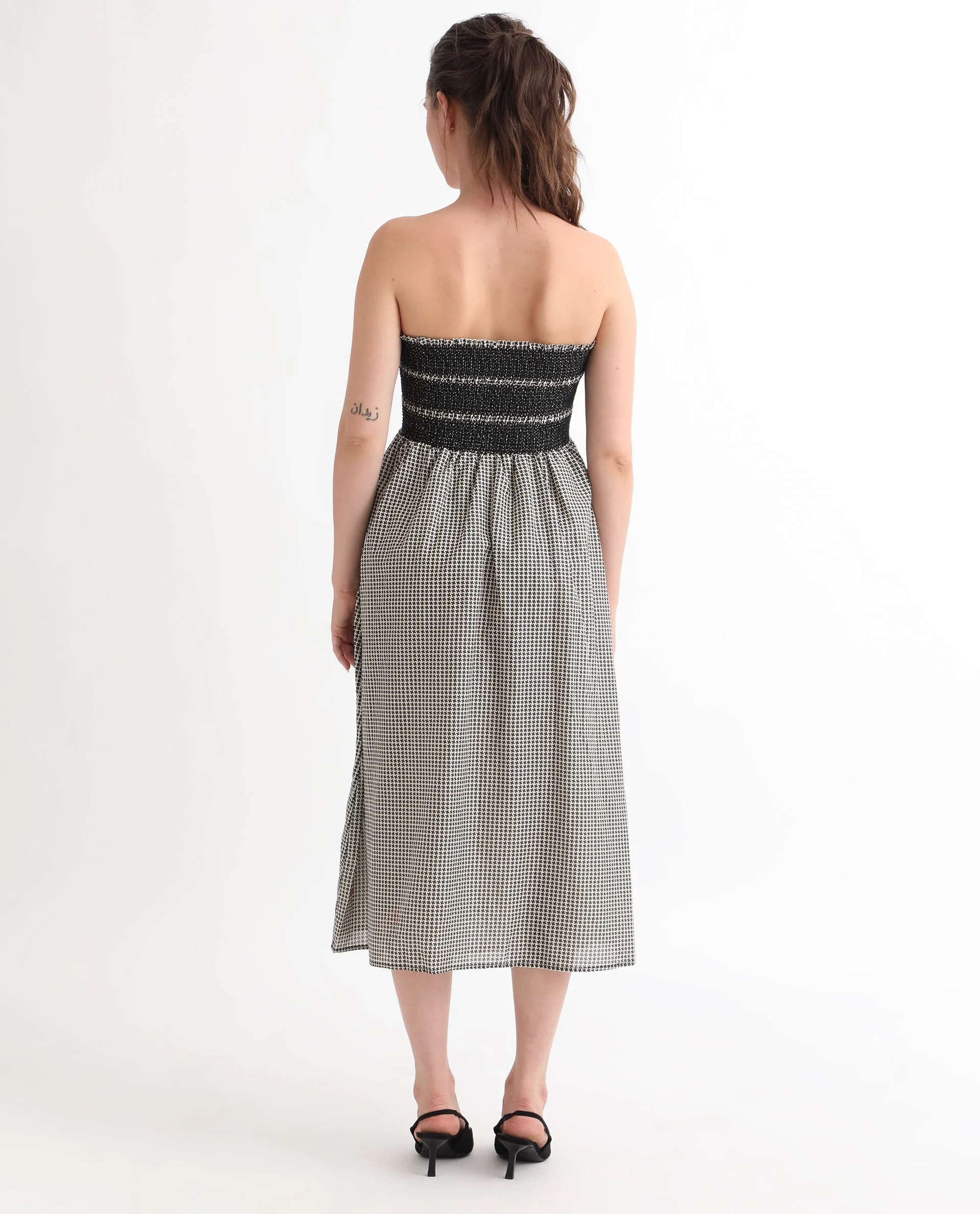 Rareism Women's Anderson Beige Cotton Tube Neck Geometric Print Sleeveless Midi Relaxed Fit Dress - Image 9