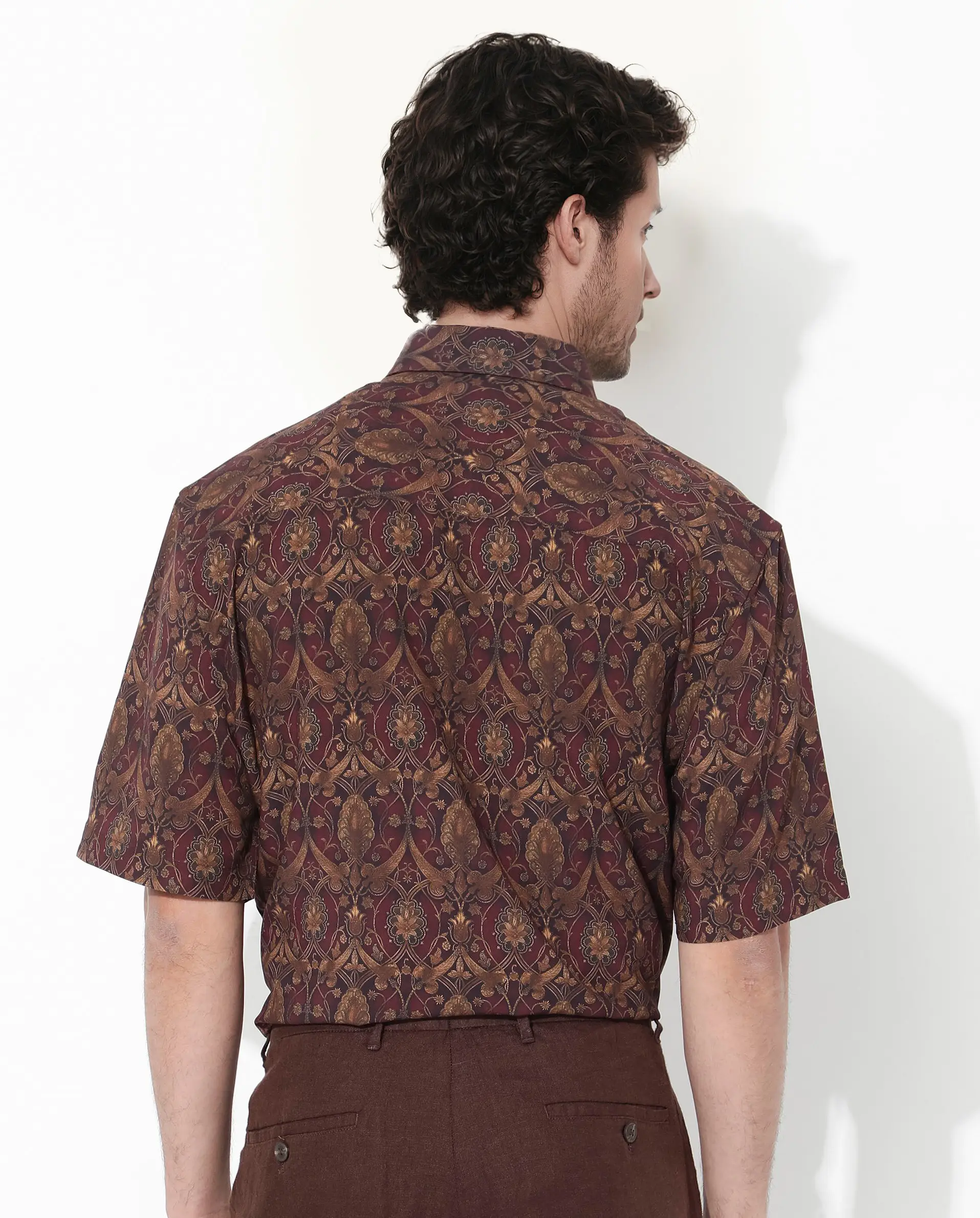 Rare Rabbit Men's Andin Brown Viscose Floral Print Boxy Fit Half Sleeve Collared Shirt - Image 4