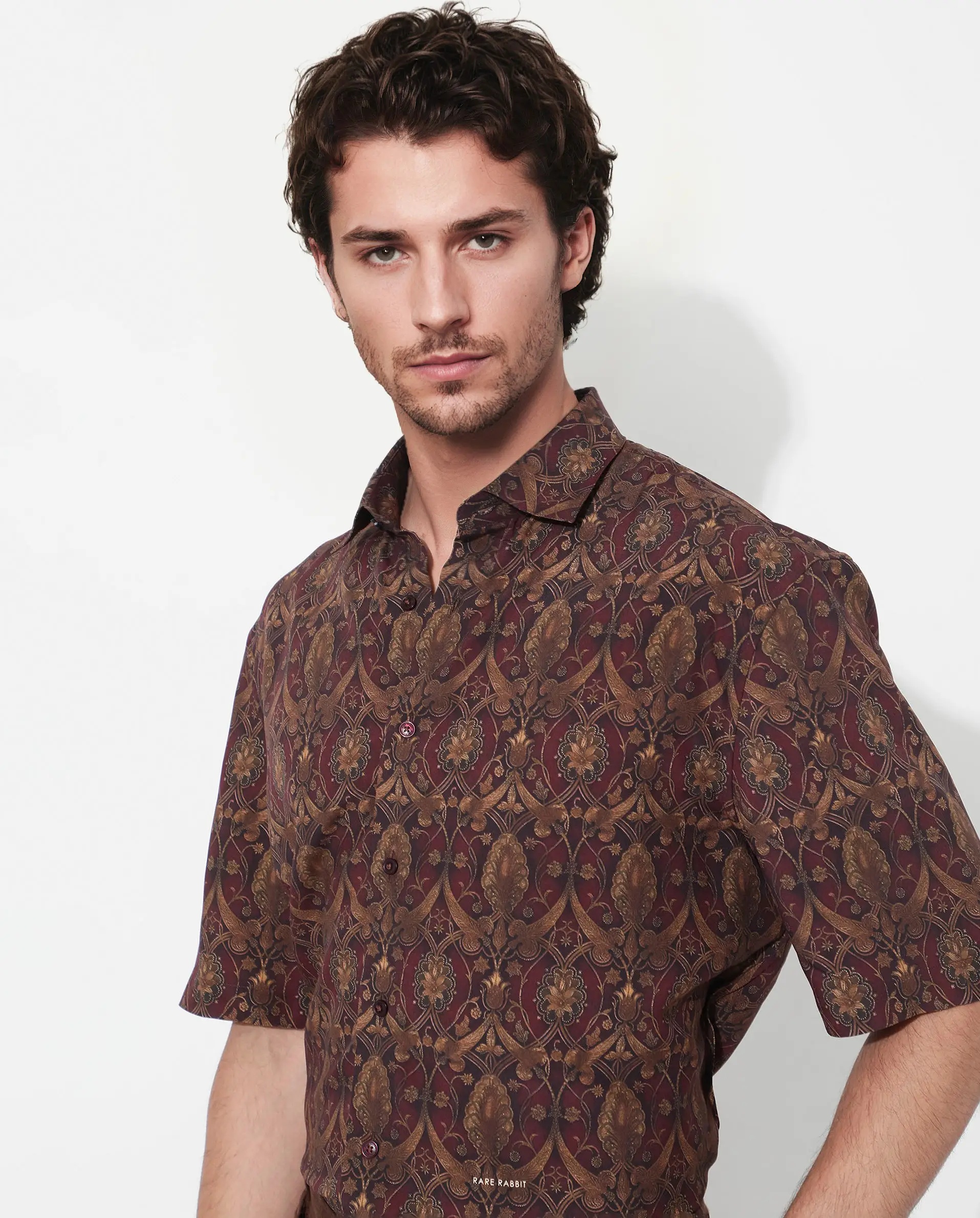 Rare Rabbit Men's Andin Brown Viscose Floral Print Boxy Fit Half Sleeve Collared Shirt - Image 5