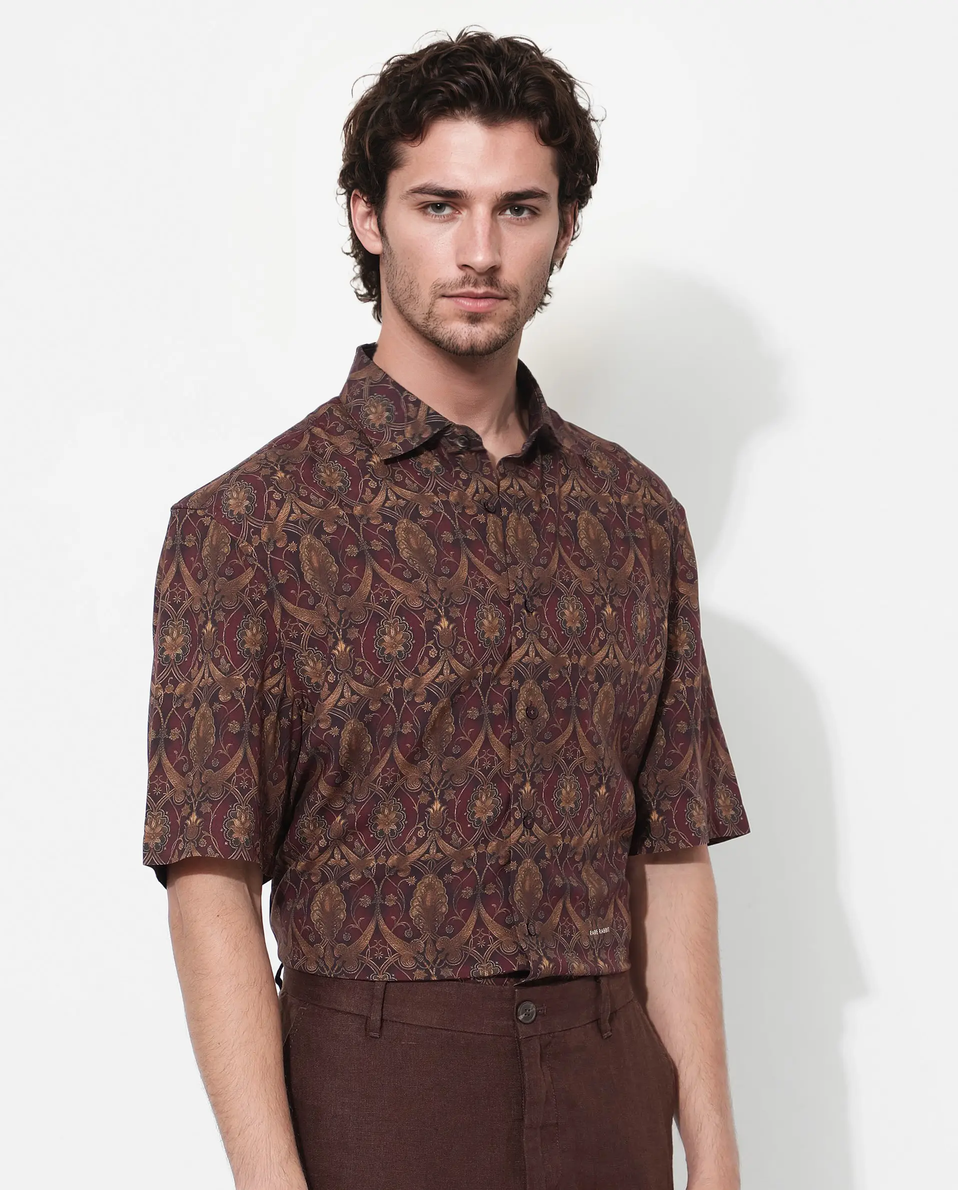 Rare Rabbit Men's Andin Brown Viscose Floral Print Boxy Fit Half Sleeve Collared Shirt - Image 6