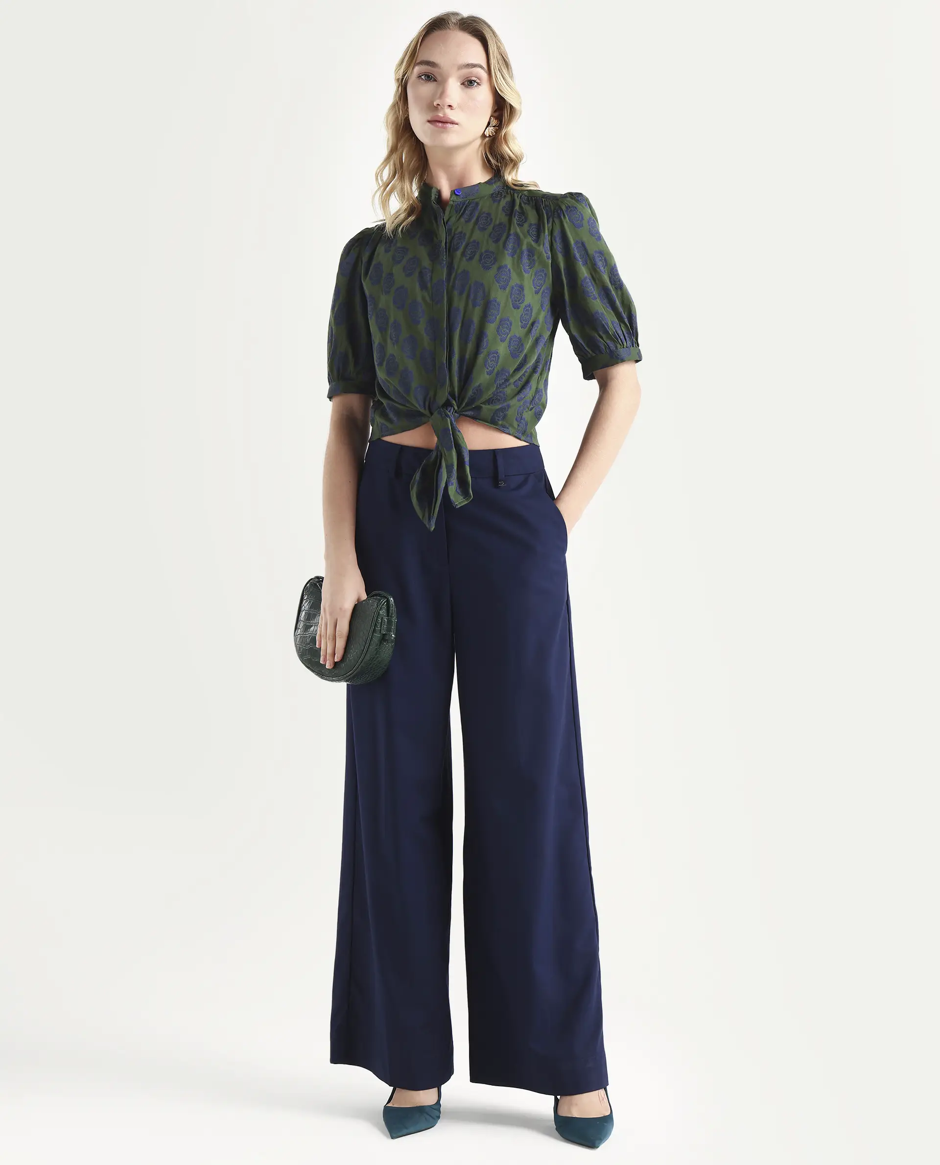 Rareism Women's Andle Dusky Green Polyester High Neck Floral Print Puff Sleeves Regular Fit Top - Image 2