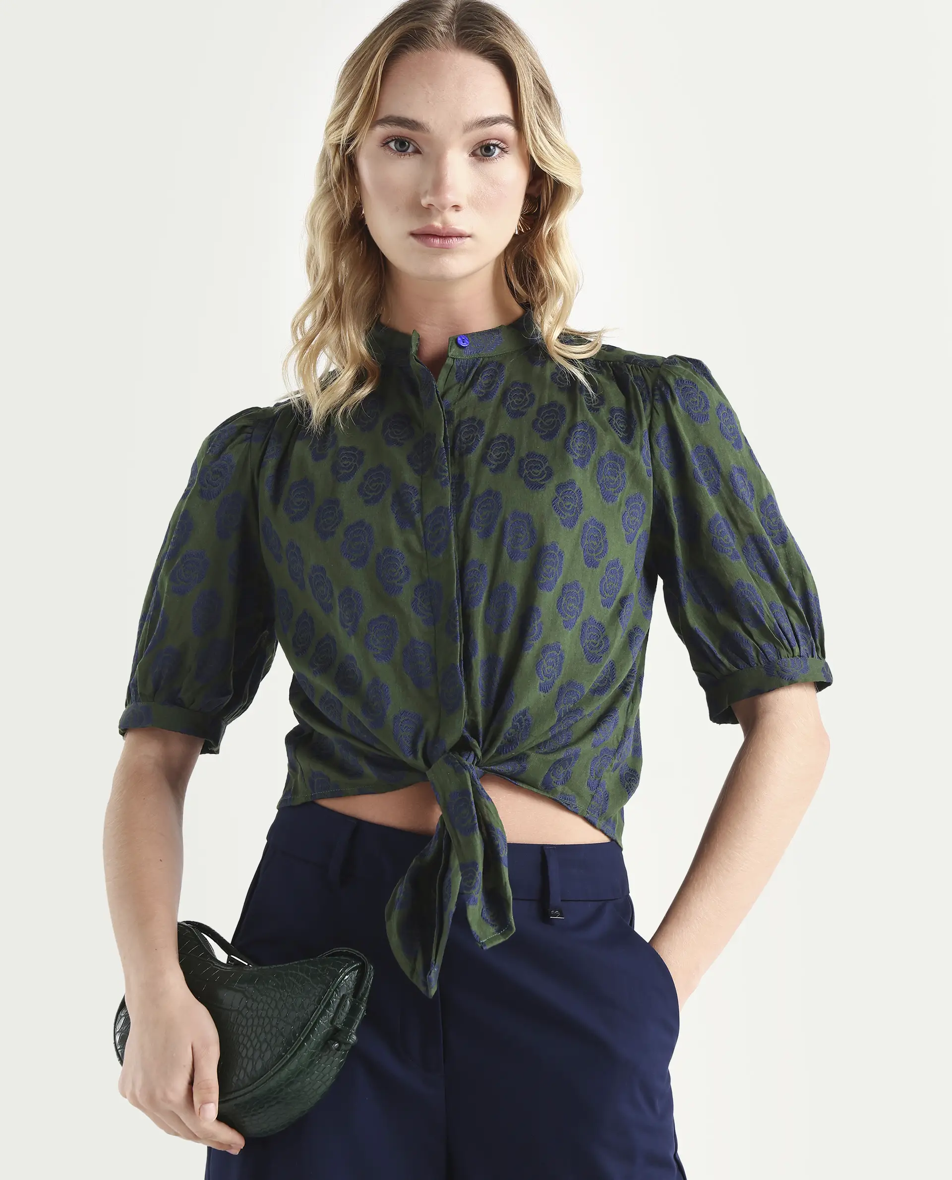 Rareism Women's Andle Dusky Green Polyester High Neck Floral Print Puff Sleeves Regular Fit Top - Image 3