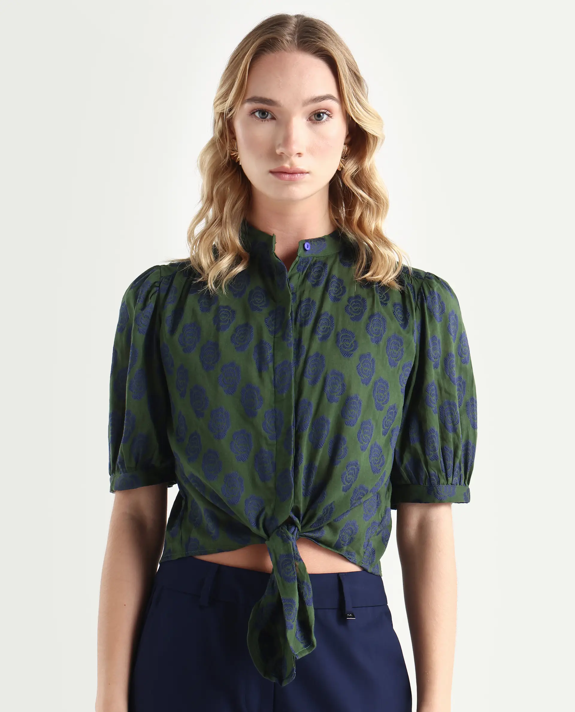 Rareism Women's Andle Dusky Green Polyester High Neck Floral Print Puff Sleeves Regular Fit Top - Image 4