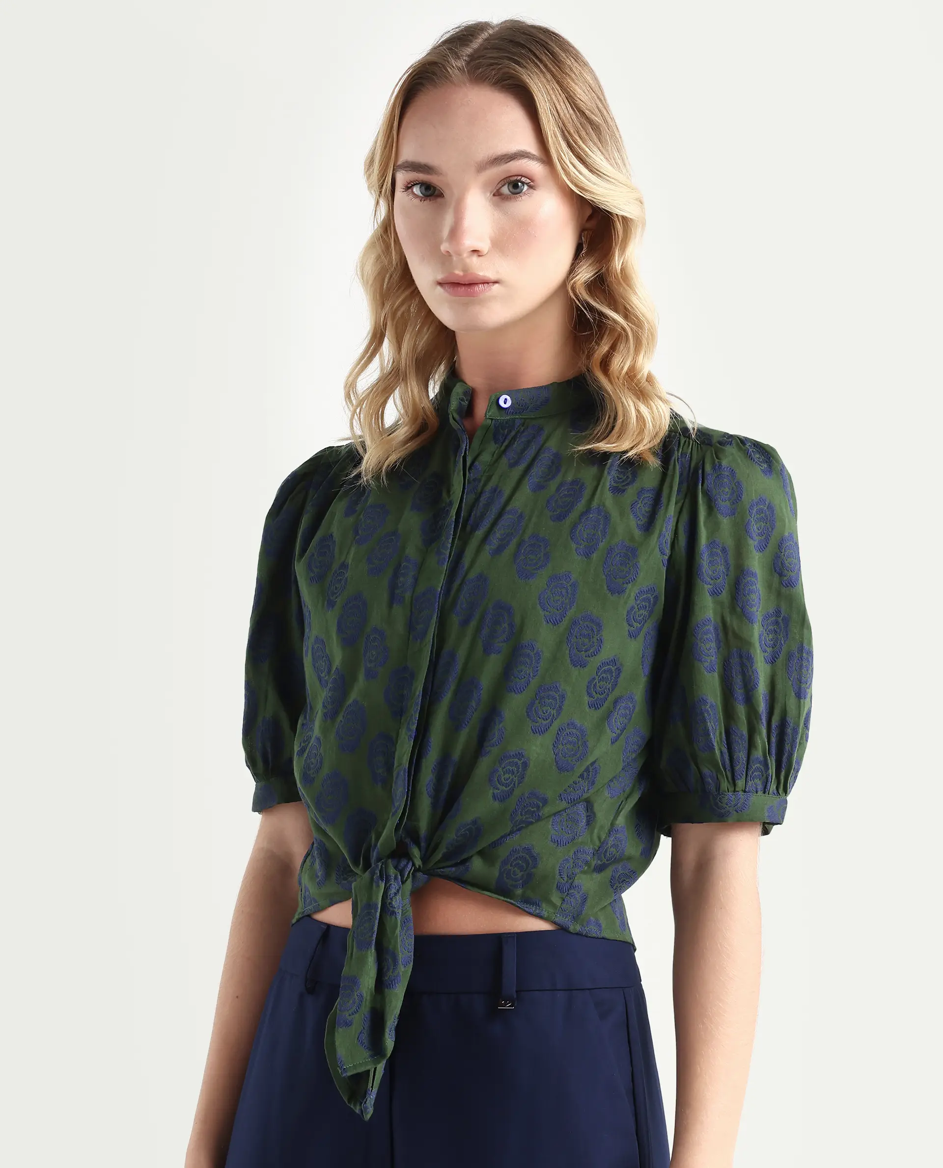 Rareism Women's Andle Dusky Green Polyester High Neck Floral Print Puff Sleeves Regular Fit Top - Image 5