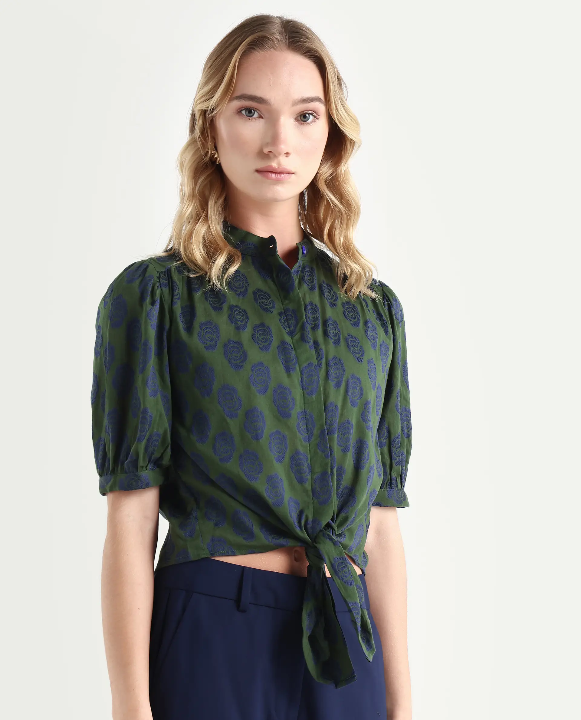 Rareism Women's Andle Dusky Green Polyester High Neck Floral Print Puff Sleeves Regular Fit Top - Image 6