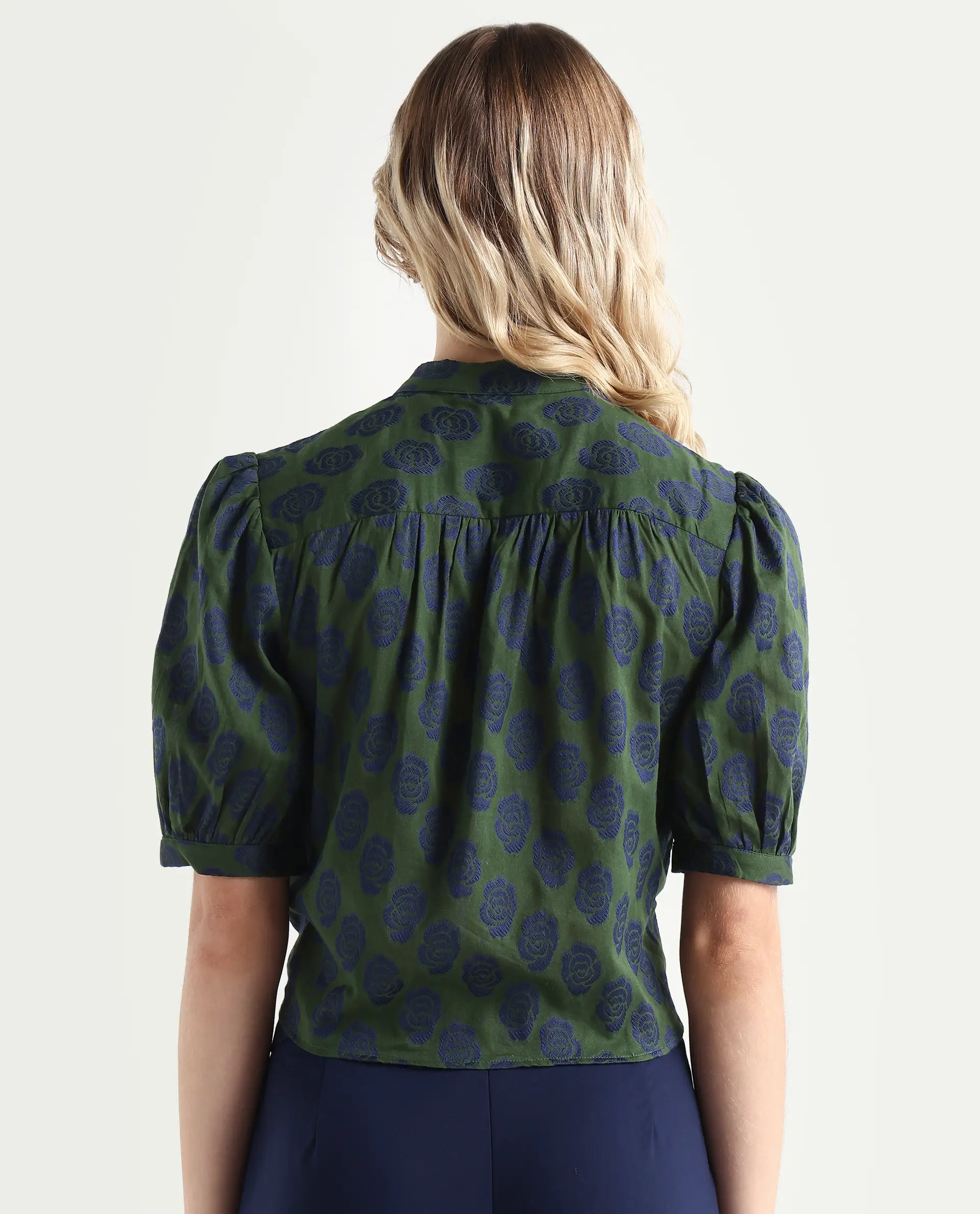 Rareism Women's Andle Dusky Green Polyester High Neck Floral Print Puff Sleeves Regular Fit Top - Image 7