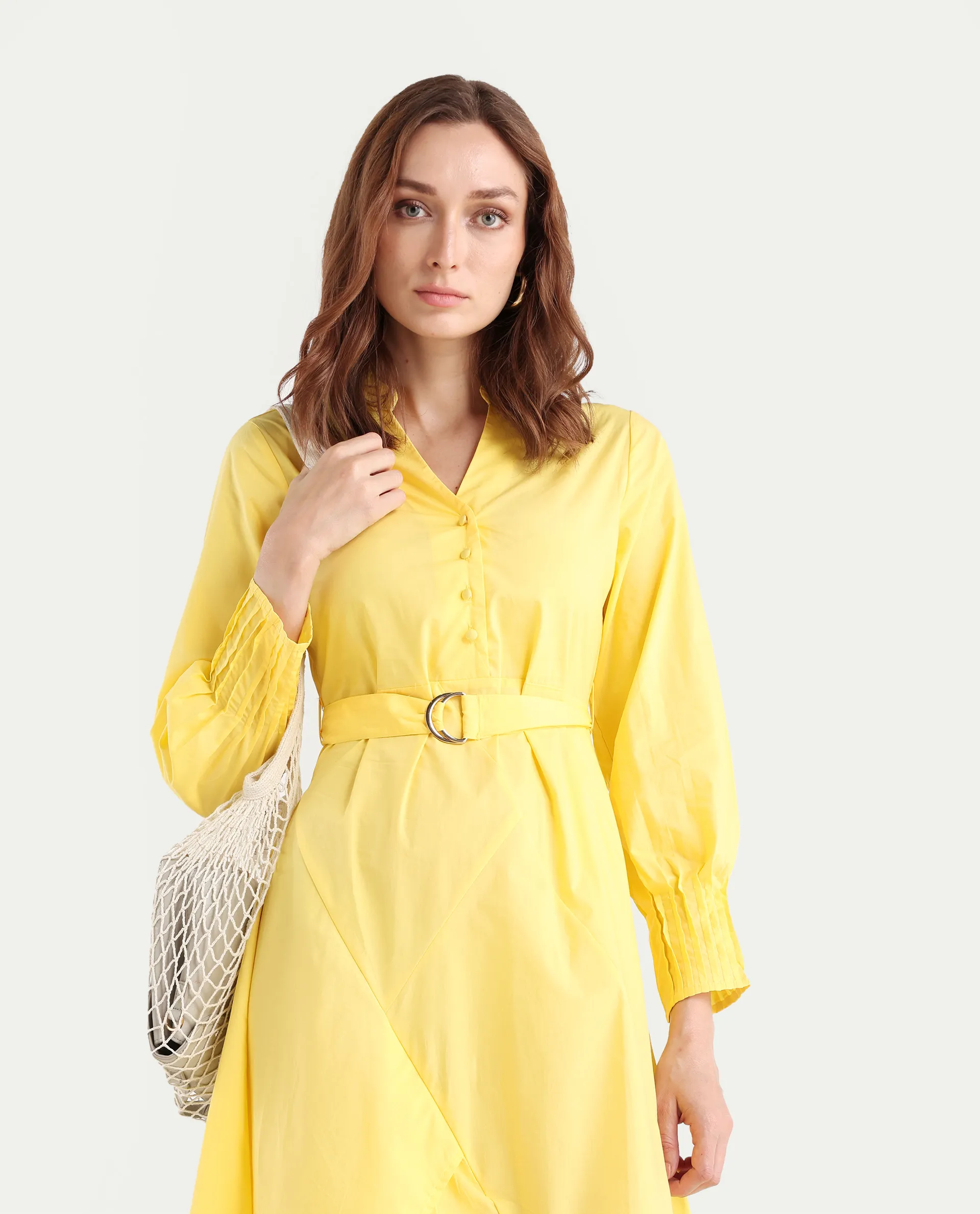 Rareism Women's Andma Yellow Cotton Mandarin Collar Dyed Cuffed Sleeve Midi Fit And Flare Dress - Image 2