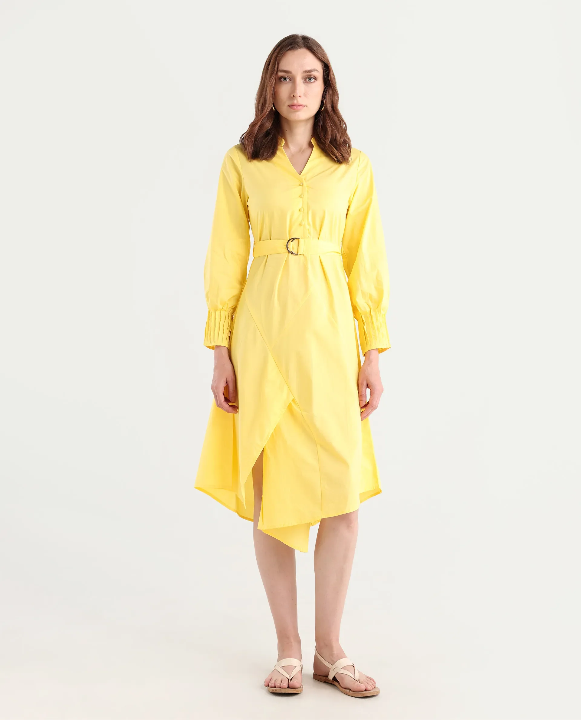 Rareism Women's Andma Yellow Cotton Mandarin Collar Dyed Cuffed Sleeve Midi Fit And Flare Dress - Image 3