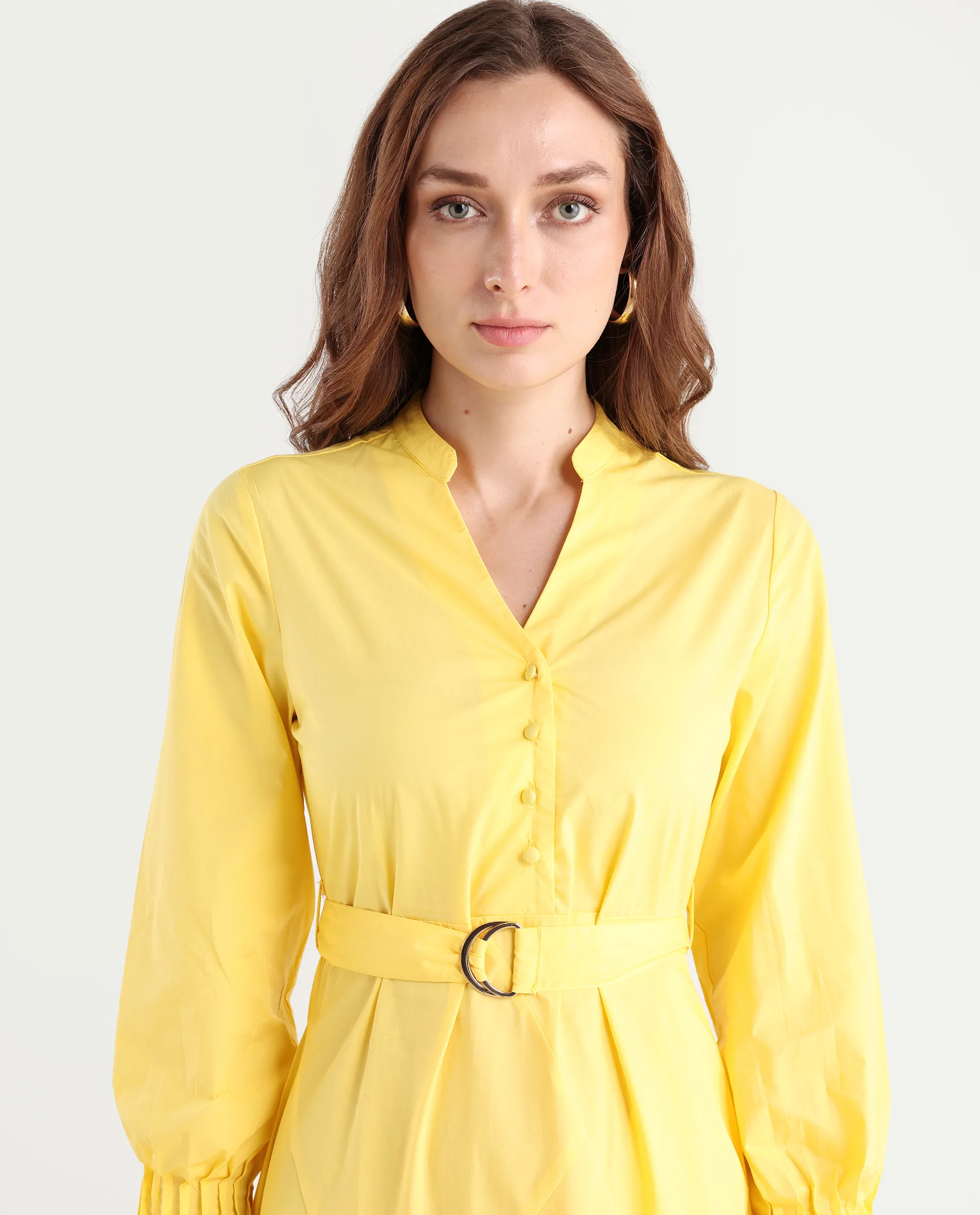 Rareism Women's Andma Yellow Cotton Mandarin Collar Dyed Cuffed Sleeve Midi Fit And Flare Dress - Image 4
