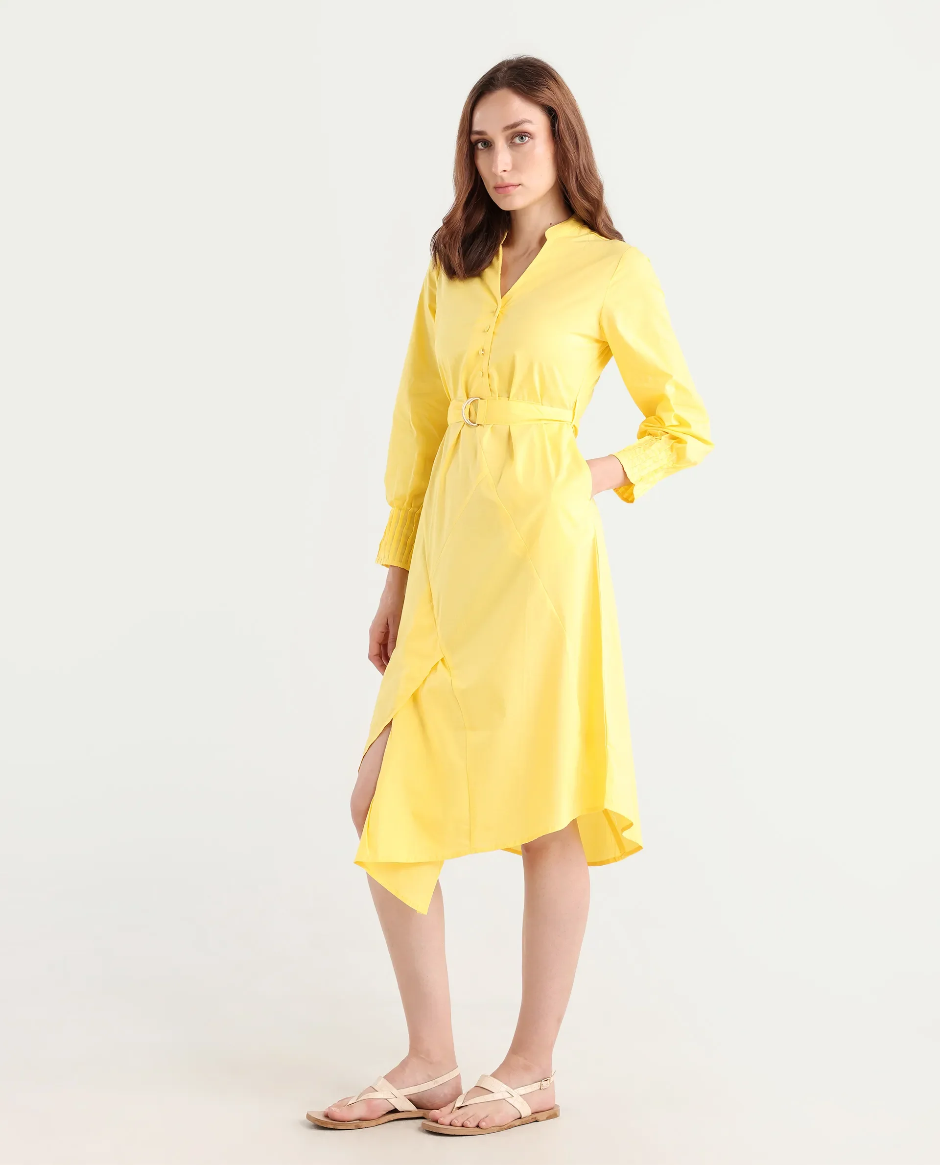 Rareism Women's Andma Yellow Cotton Mandarin Collar Dyed Cuffed Sleeve Midi Fit And Flare Dress - Image 6