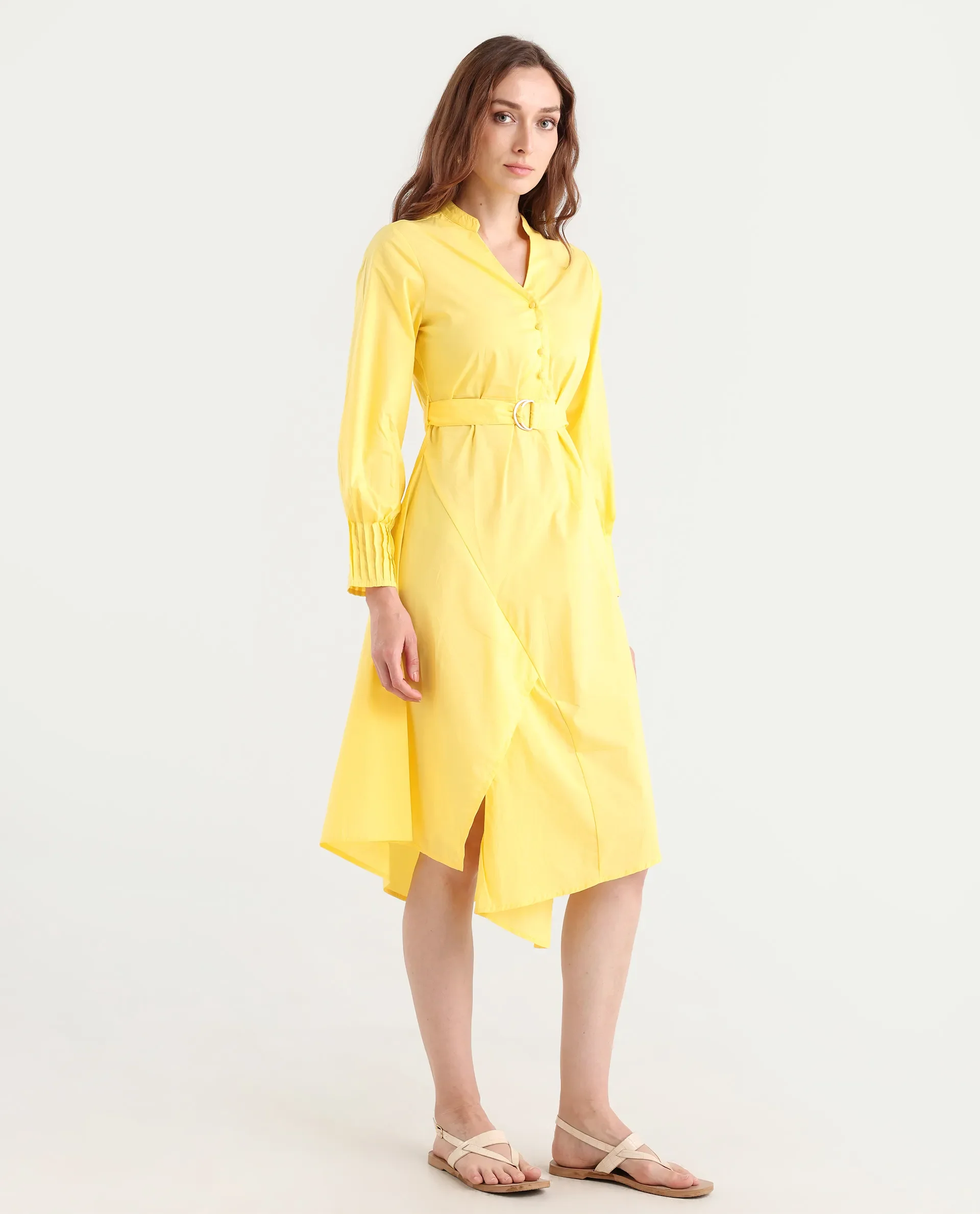 Rareism Women's Andma Yellow Cotton Mandarin Collar Dyed Cuffed Sleeve Midi Fit And Flare Dress - Image 7