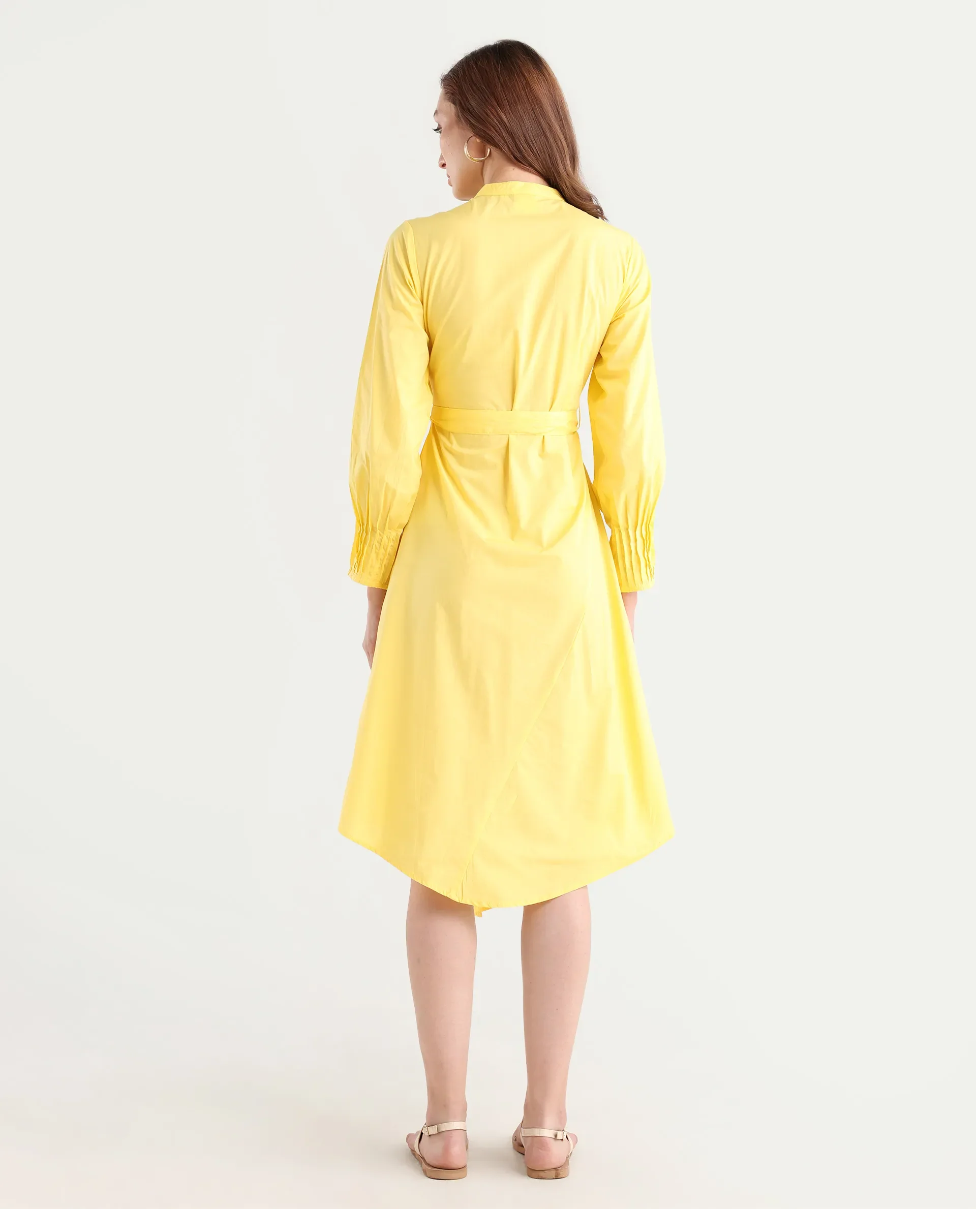 Rareism Women's Andma Yellow Cotton Mandarin Collar Dyed Cuffed Sleeve Midi Fit And Flare Dress - Image 8