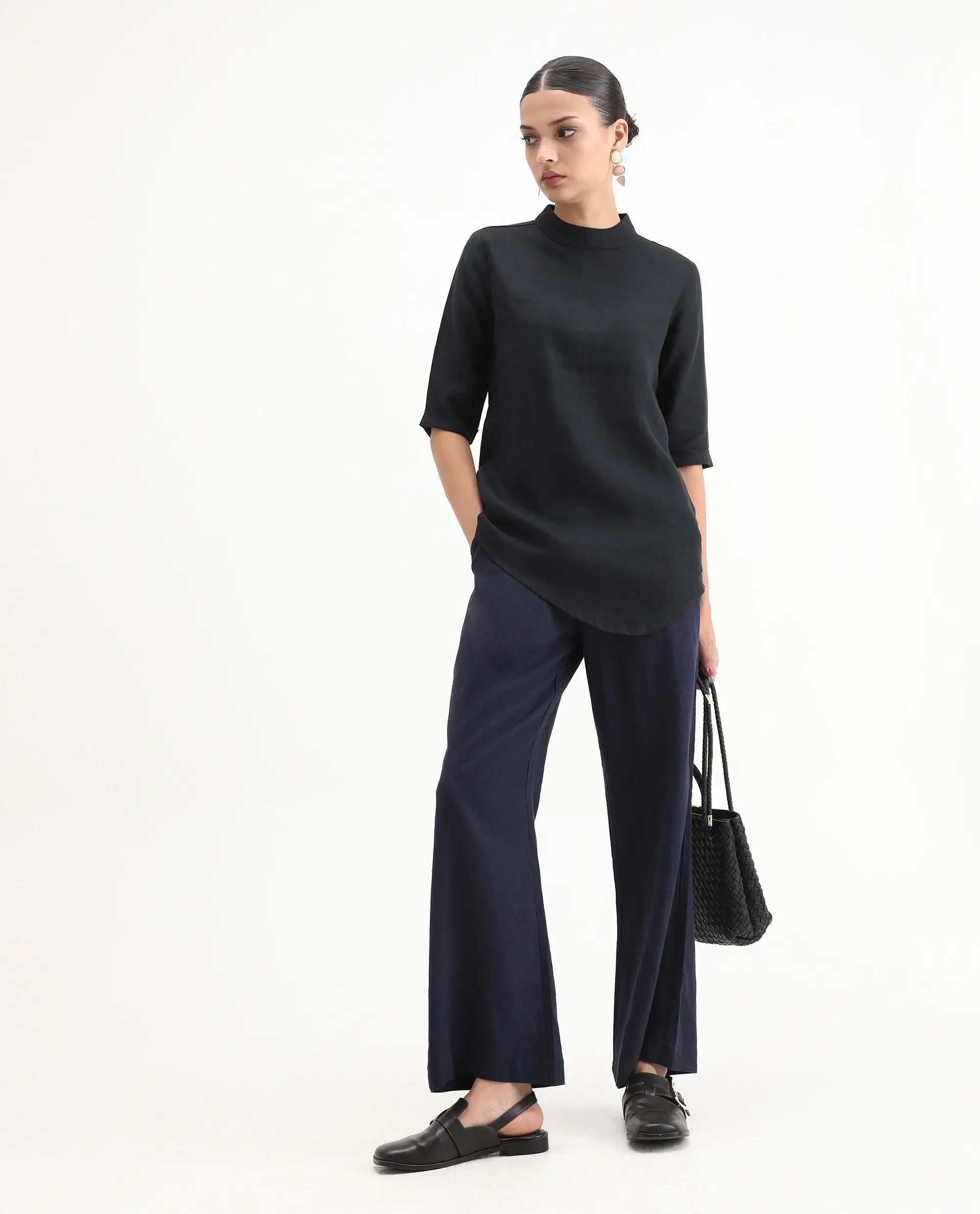 Rareism Womens Andrea Black Top Linen Fabric Regular Fit Full Sleeve High Neck - Image 2