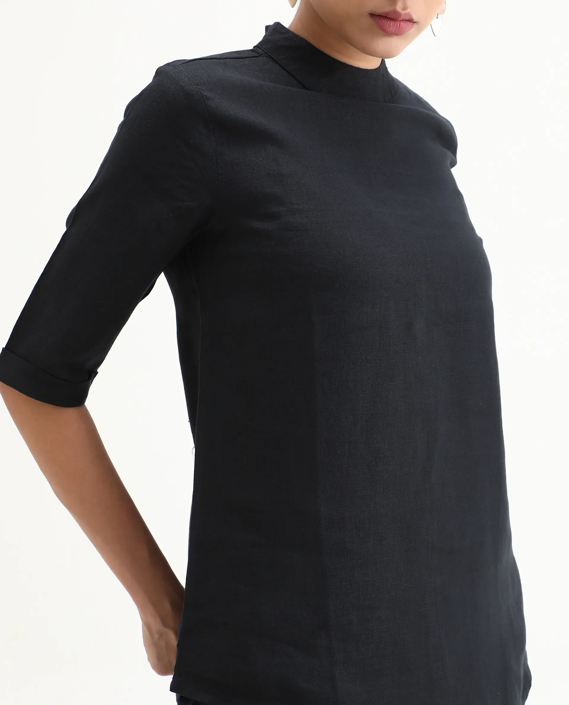 Rareism Womens Andrea Black Top Linen Fabric Regular Fit Full Sleeve High Neck - Image 3