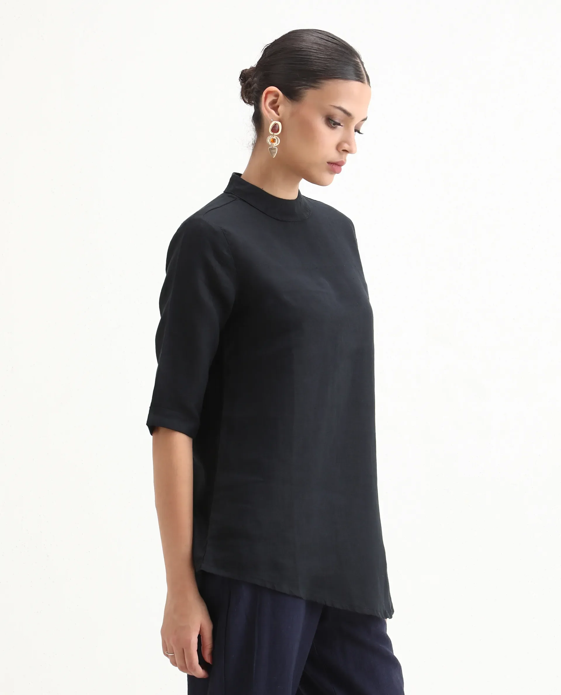 Rareism Womens Andrea Black Top Linen Fabric Regular Fit Full Sleeve High Neck - Image 4