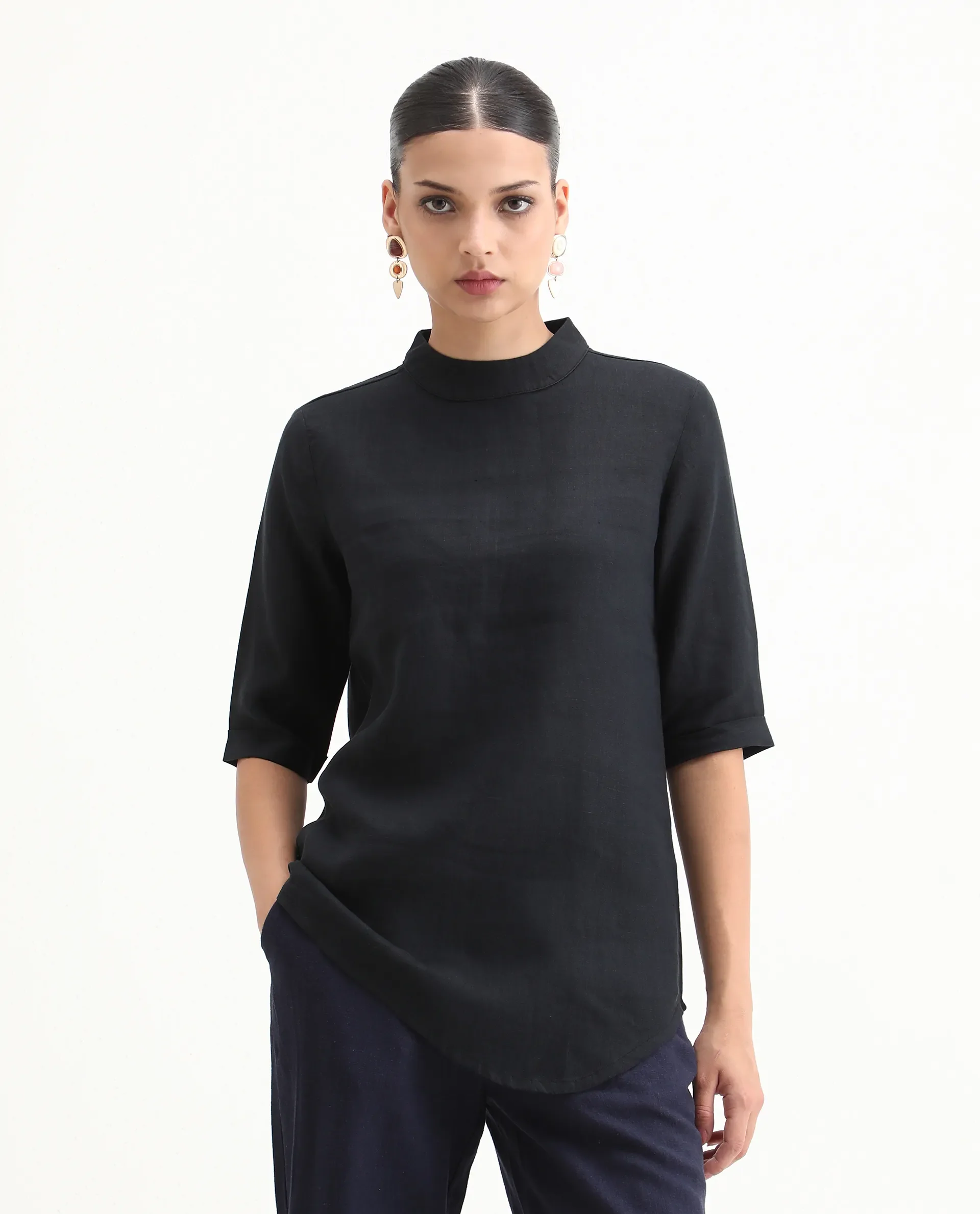 Rareism Womens Andrea Black Top Linen Fabric Regular Fit Full Sleeve High Neck - Image 5