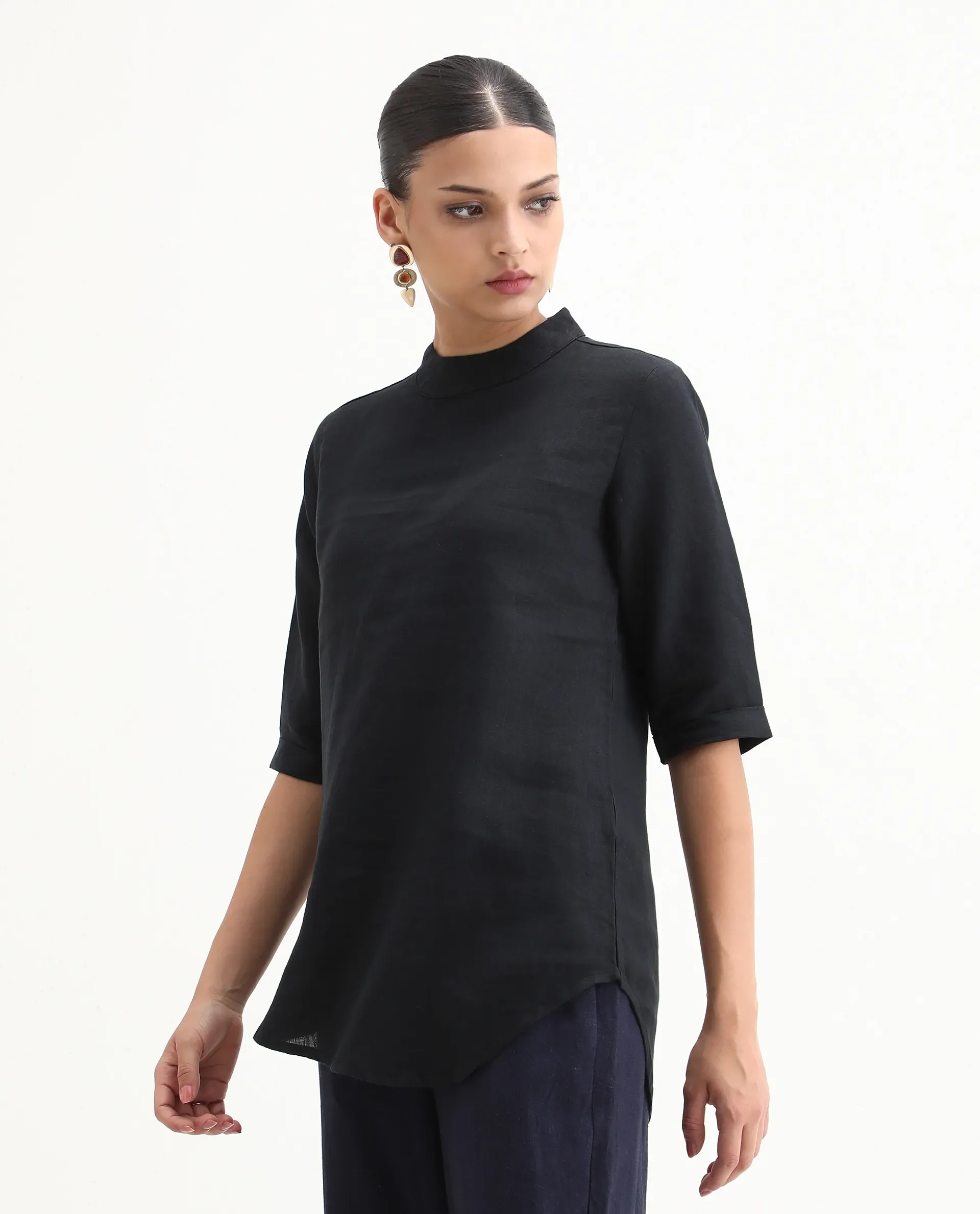 Rareism Womens Andrea Black Top Linen Fabric Regular Fit Full Sleeve High Neck - Image 6