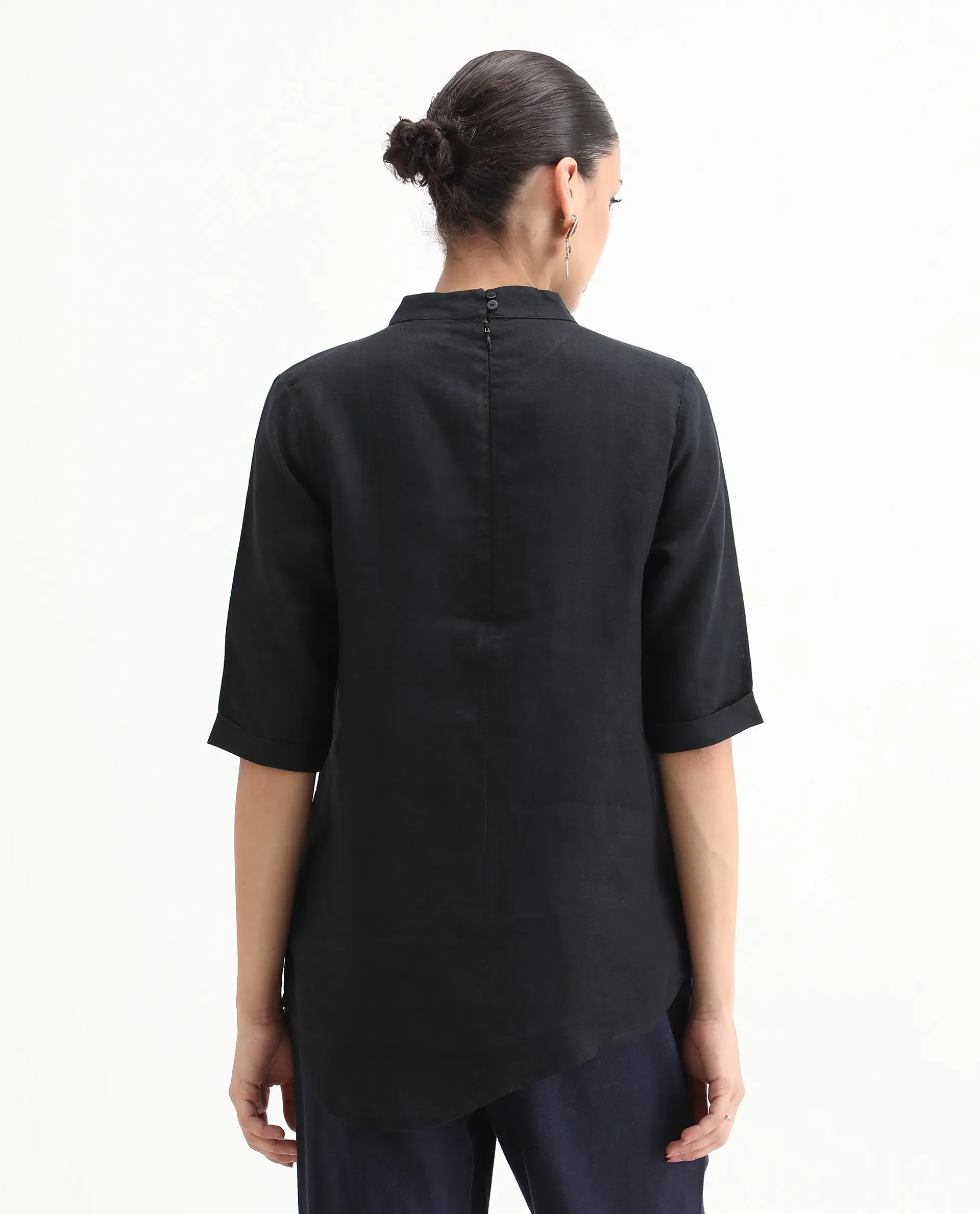 Rareism Womens Andrea Black Top Linen Fabric Regular Fit Full Sleeve High Neck - Image 7