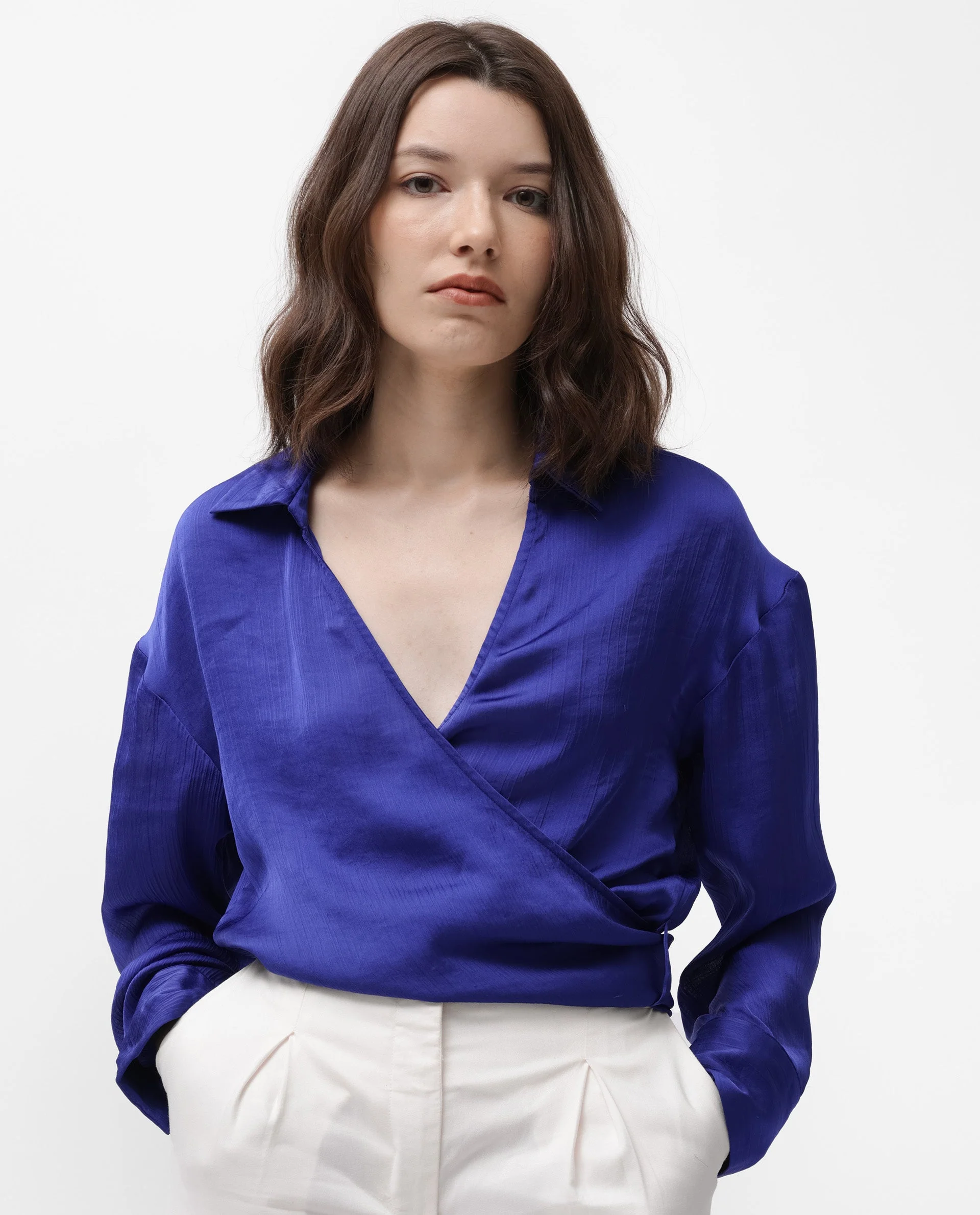 Rareism Women's Andreala Dark Blue Polyester Johnny Collar Plain Regular Fit Top