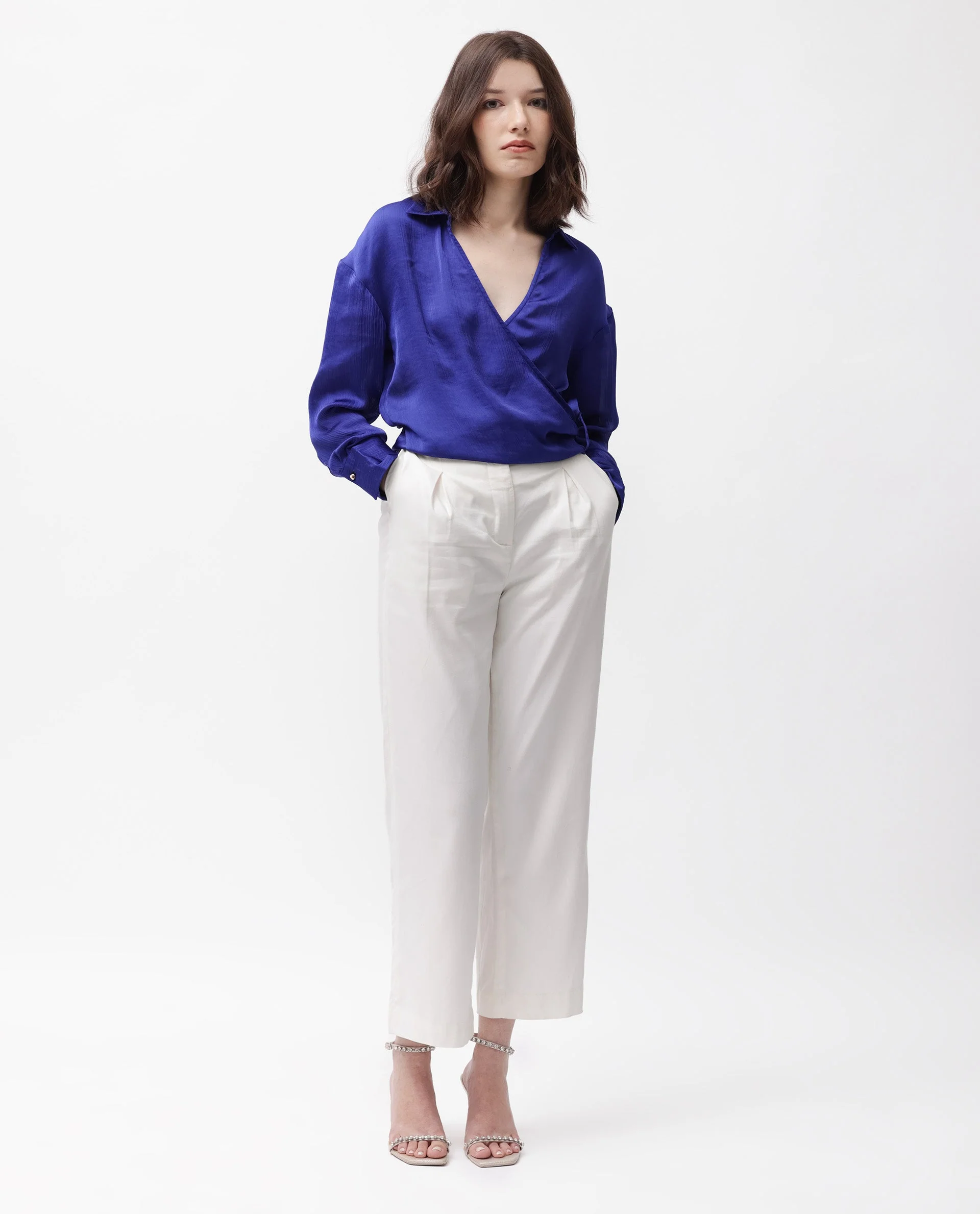 Rareism Women's Andreala Dark Blue Polyester Johnny Collar Plain Regular Fit Top - Image 2