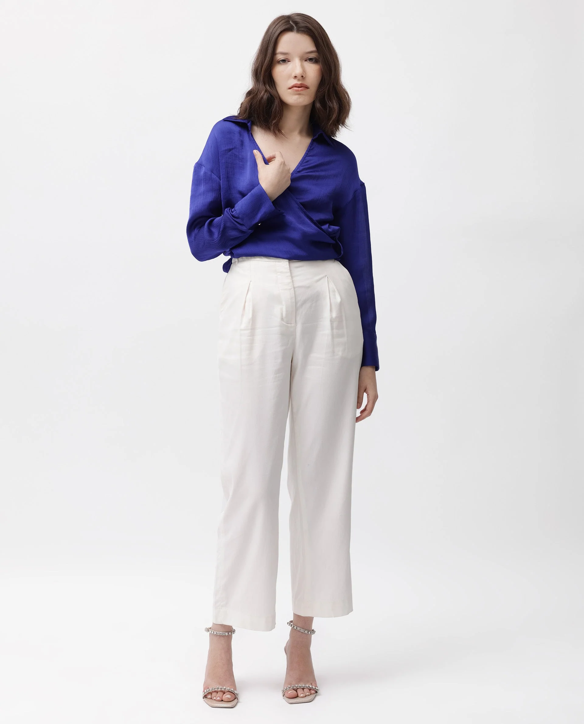 Rareism Women's Andreala Dark Blue Polyester Johnny Collar Plain Regular Fit Top - Image 3