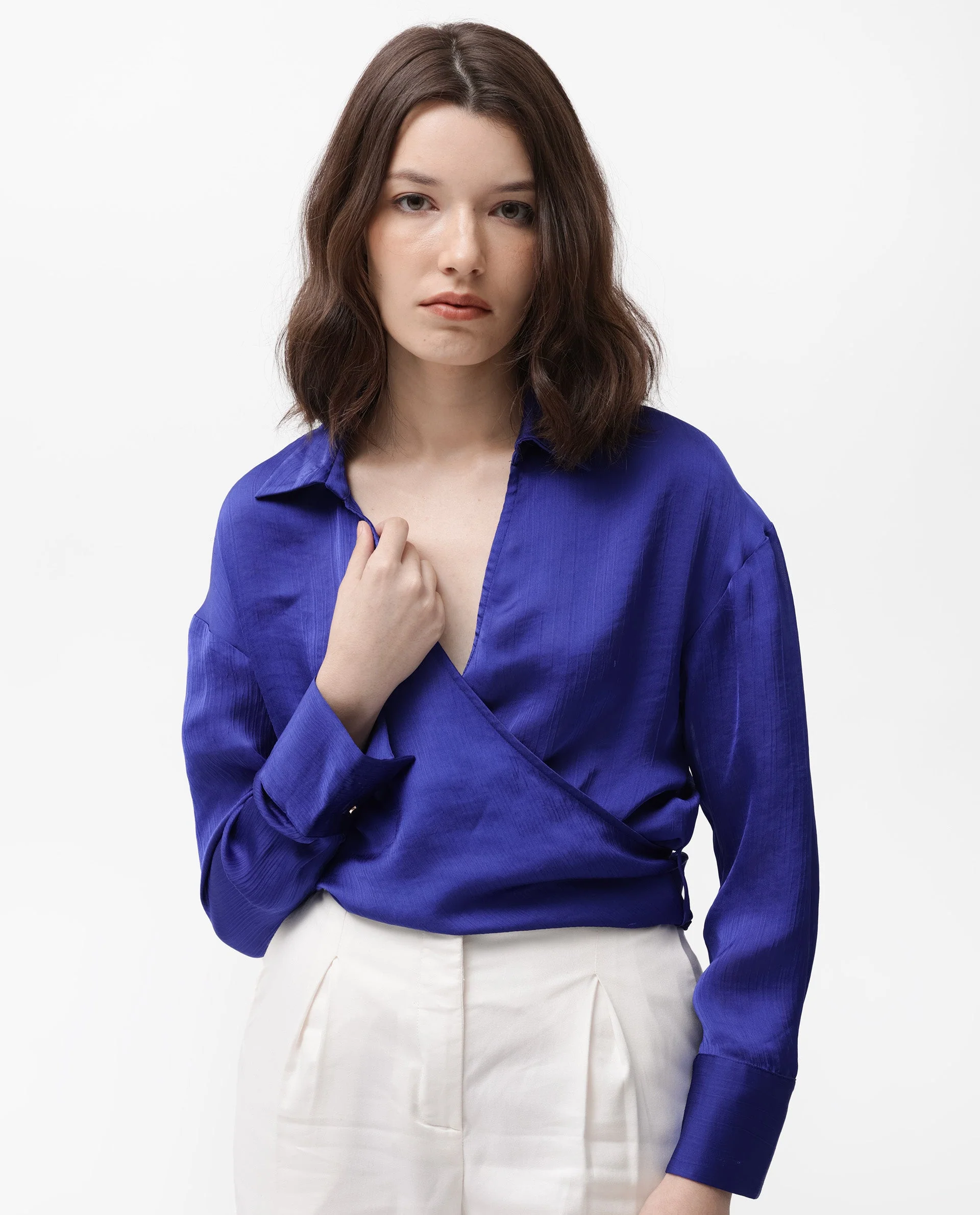 Rareism Women's Andreala Dark Blue Polyester Johnny Collar Plain Regular Fit Top - Image 4