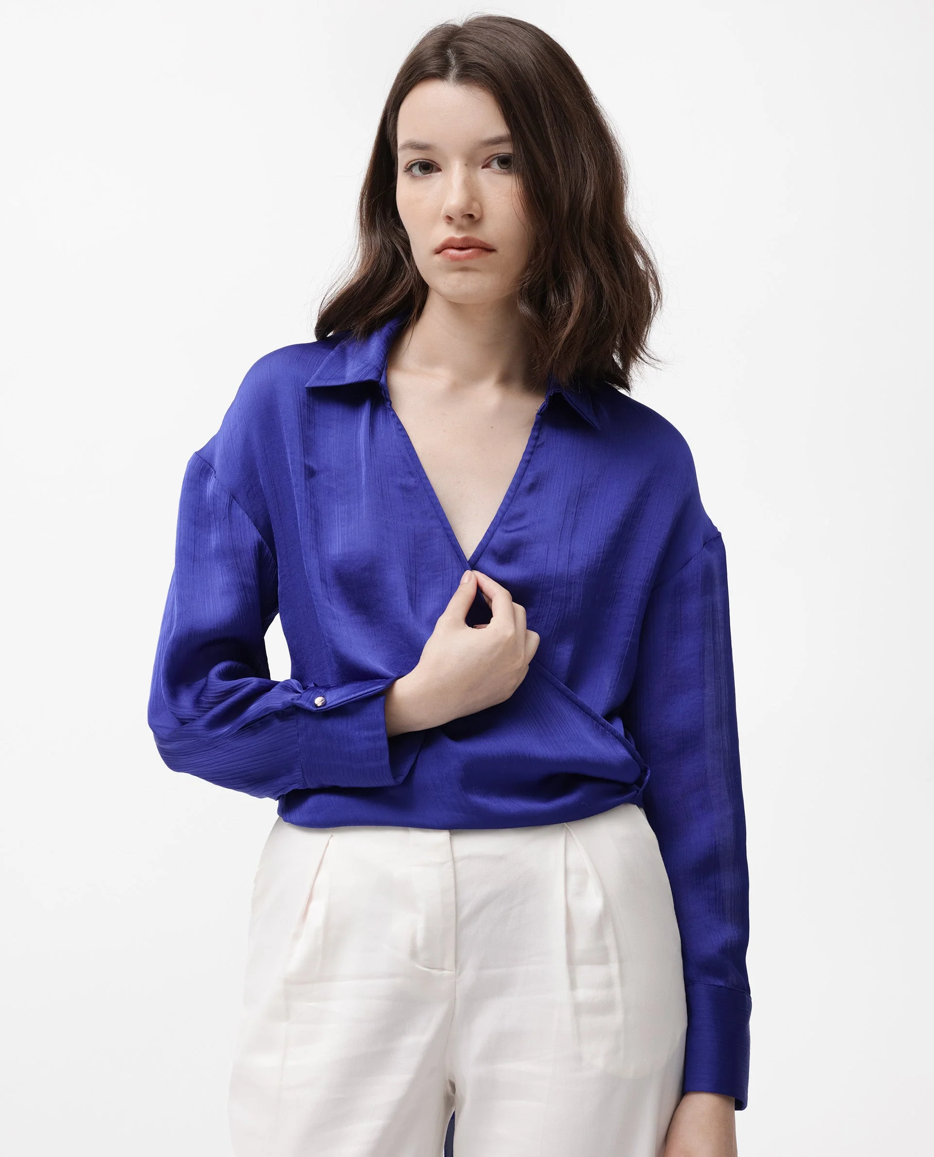 Rareism Women's Andreala Dark Blue Polyester Johnny Collar Plain Regular Fit Top - Image 5