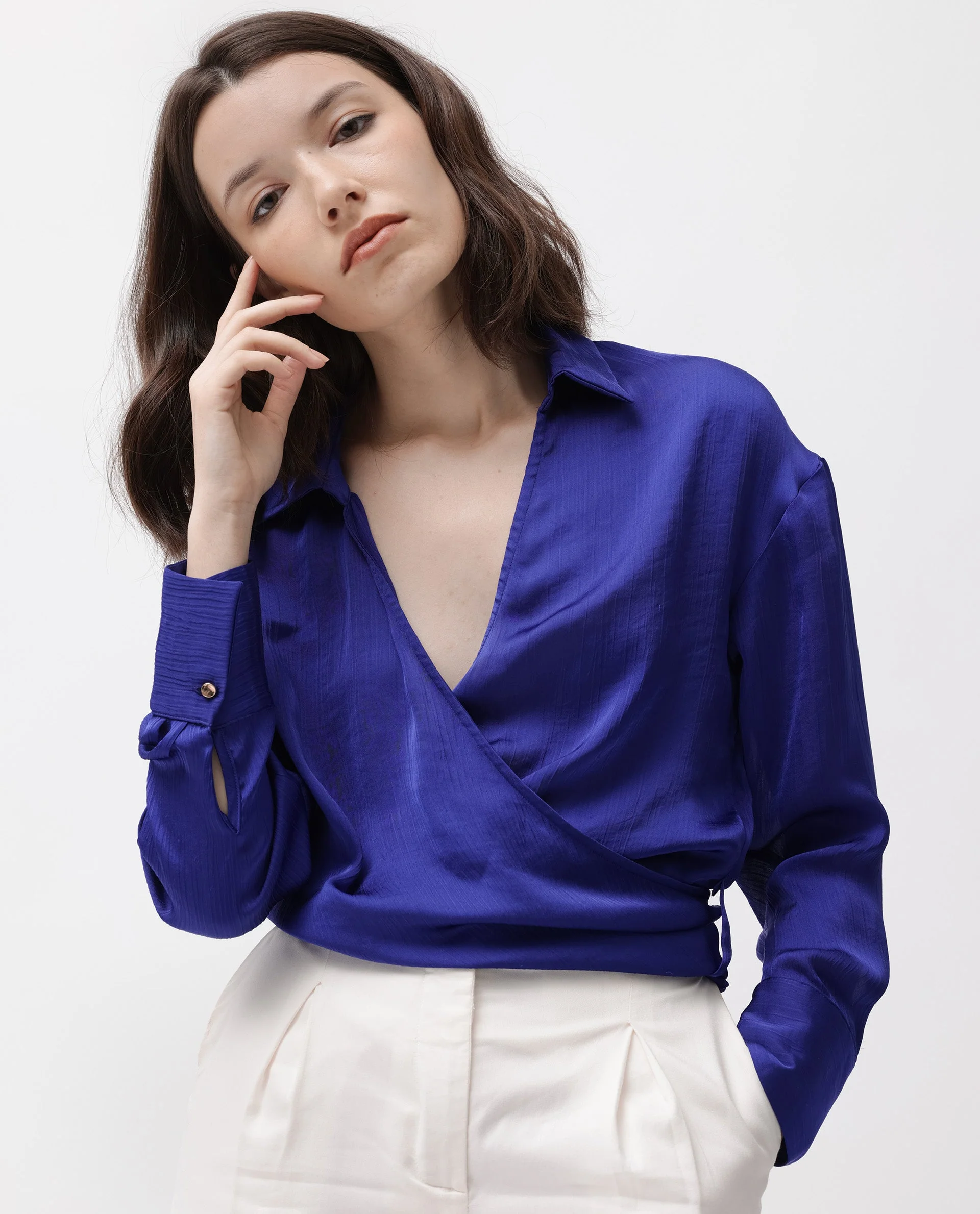 Rareism Women's Andreala Dark Blue Polyester Johnny Collar Plain Regular Fit Top - Image 6