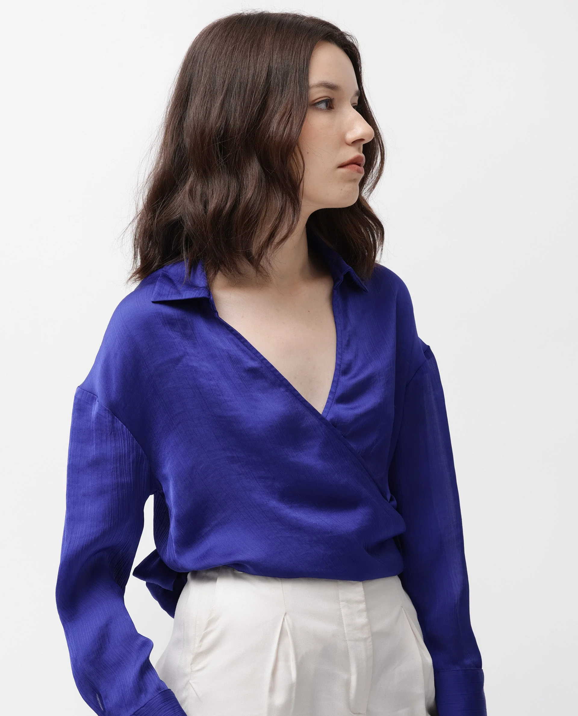 Rareism Women's Andreala Dark Blue Polyester Johnny Collar Plain Regular Fit Top - Image 7