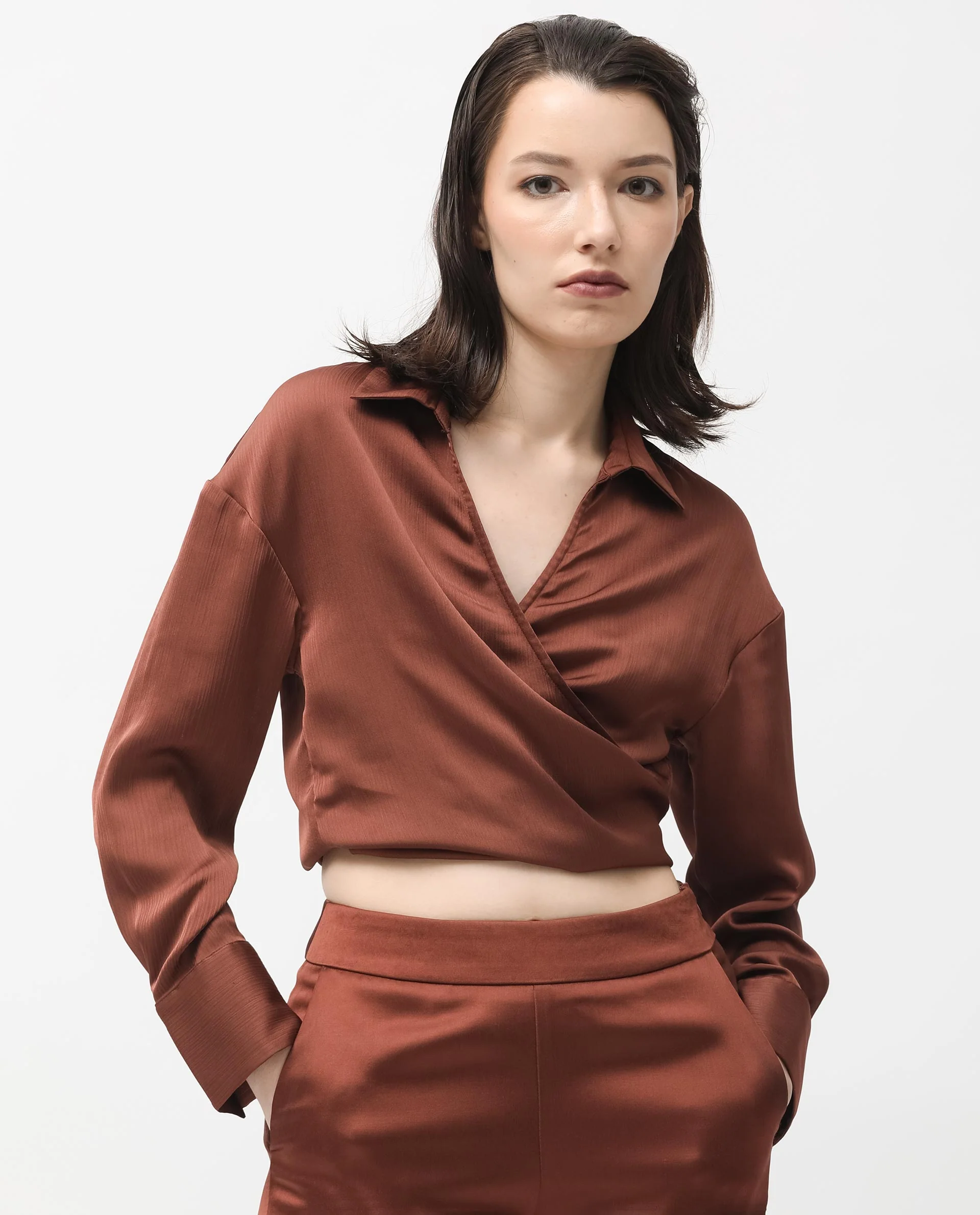 Rareism Women's Andreala Dark Brown Polyester Johnny Collar Plain Regular Fit Top - Image 10