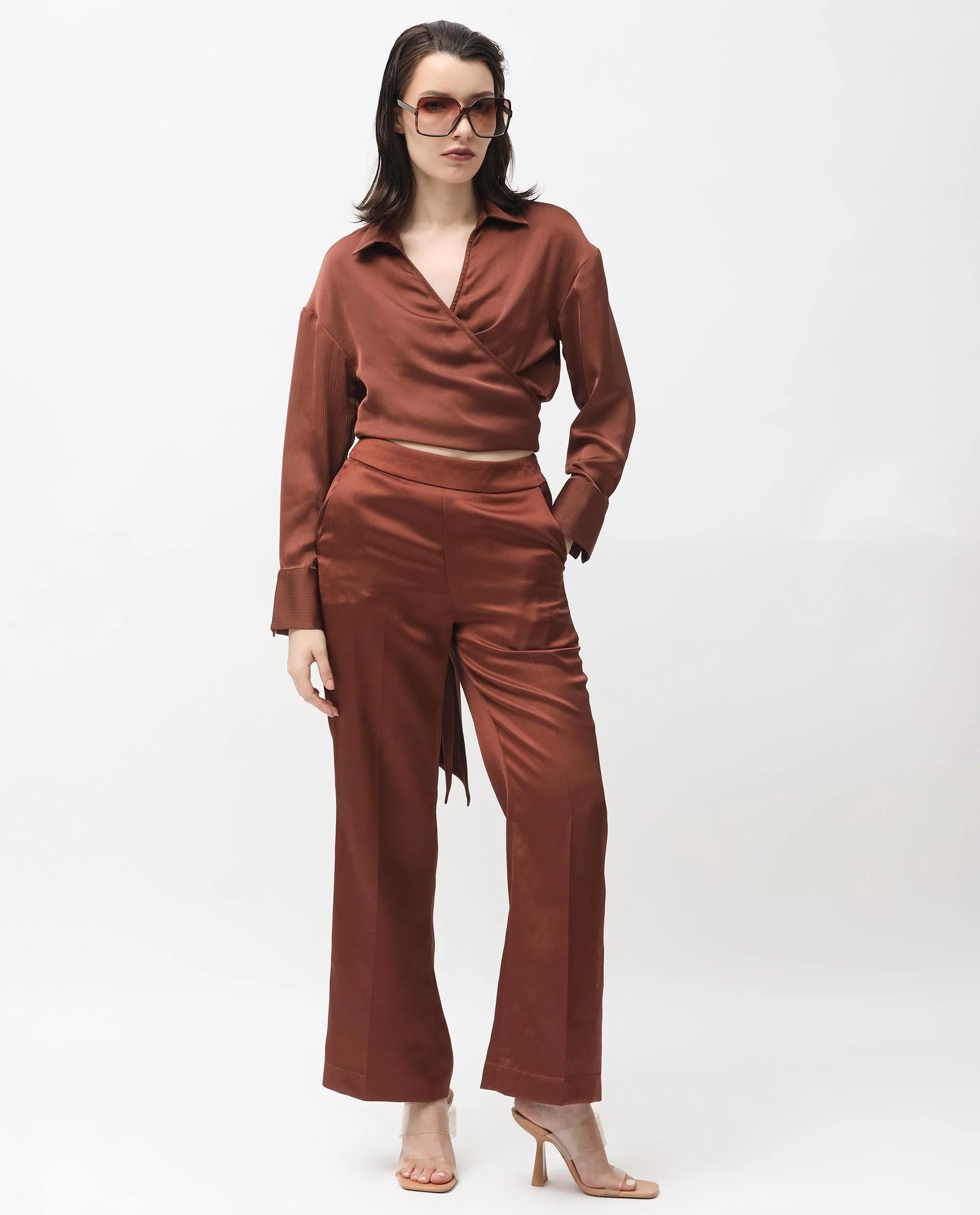 Rareism Women's Andreala Dark Brown Polyester Johnny Collar Plain Regular Fit Top - Image 11