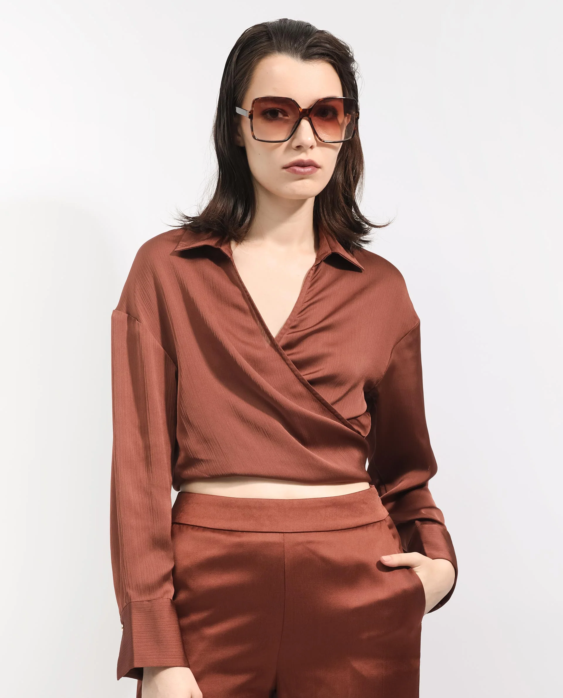 Rareism Women's Andreala Dark Brown Polyester Johnny Collar Plain Regular Fit Top - Image 12