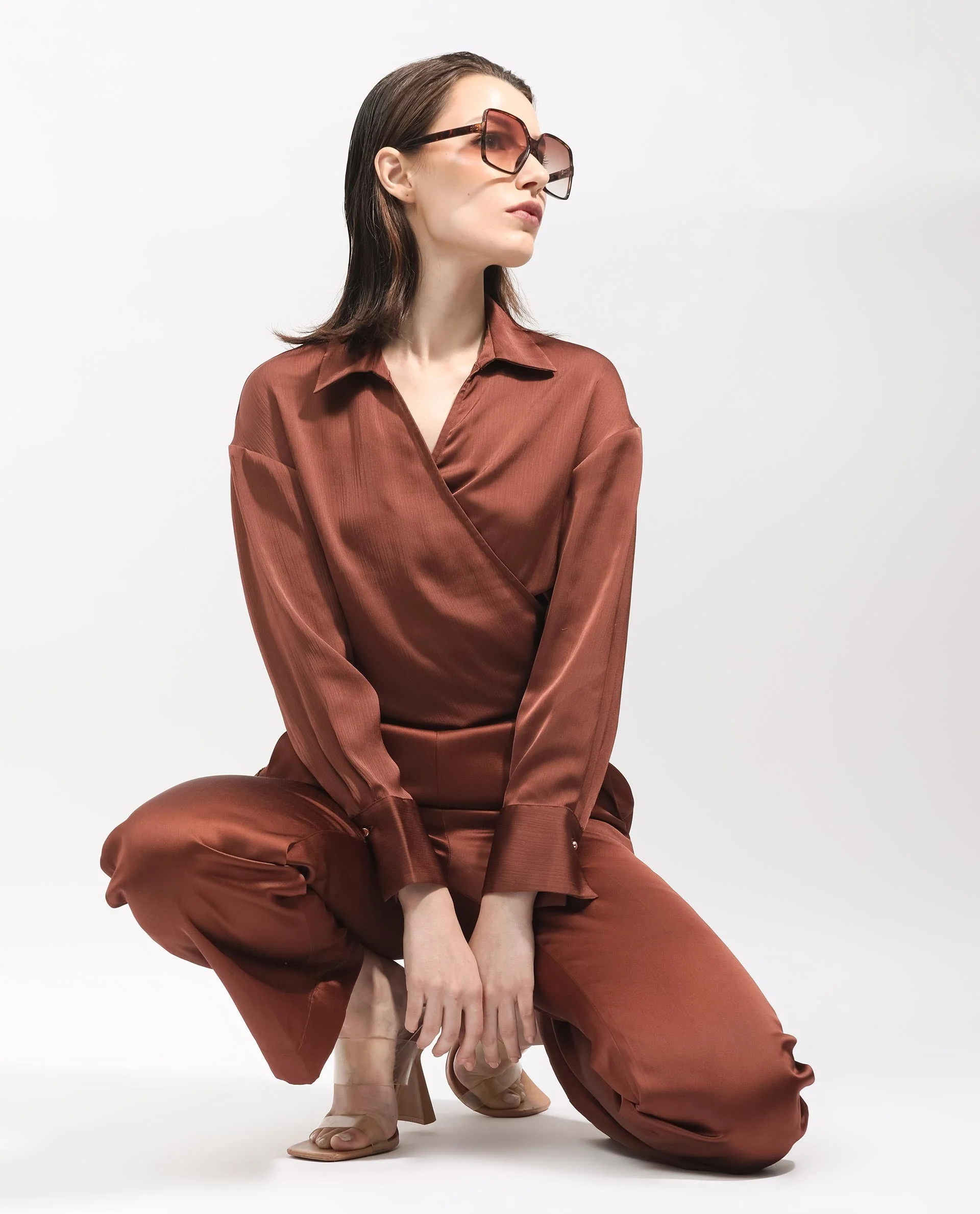 Rareism Women's Andreala Dark Brown Polyester Johnny Collar Plain Regular Fit Top - Image 13