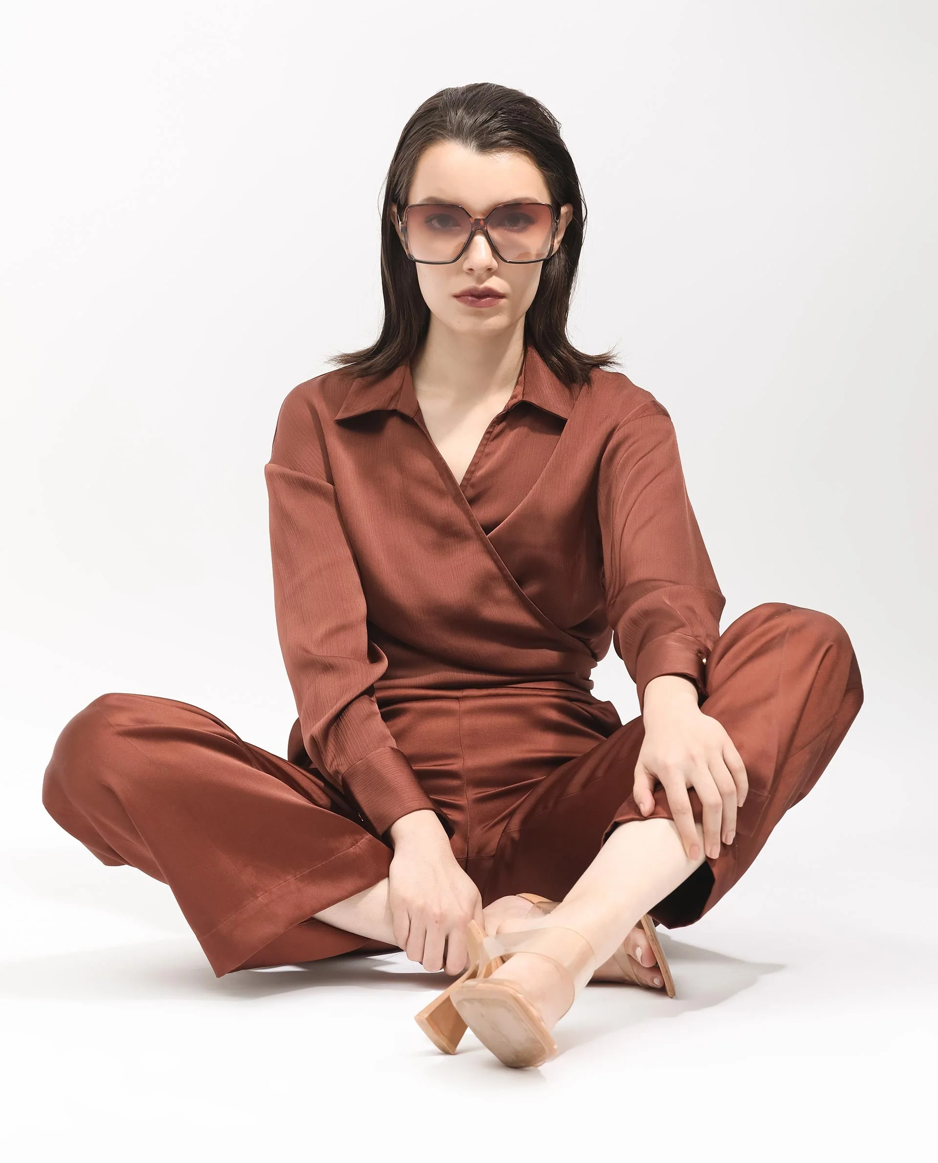 Rareism Women's Andreala Dark Brown Polyester Johnny Collar Plain Regular Fit Top - Image 15